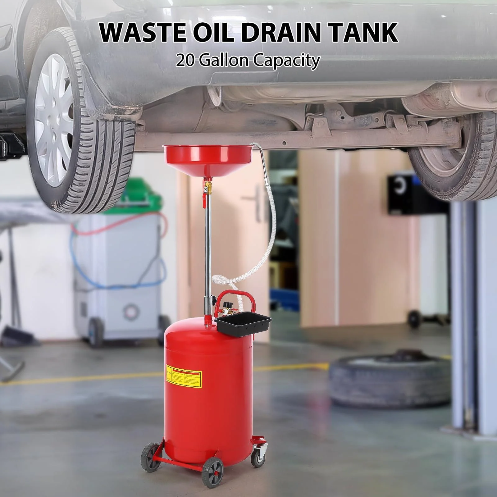 Pinypikaka 8 Gallon Waste Oil Drain Tank, Portable Oil Drain Container, Air Operated Drainer, Fluid Fuel Transfer Drainage, Adjustable Funnel Height with Wheel &15'' Premium Bowl and a Toolbox