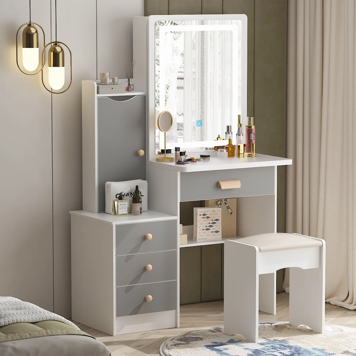 MONSLIPA Makeup Vanity Desk Set w/ Light, Sturdy Dressing Vanity Table with Bench, Shelves & Drawers