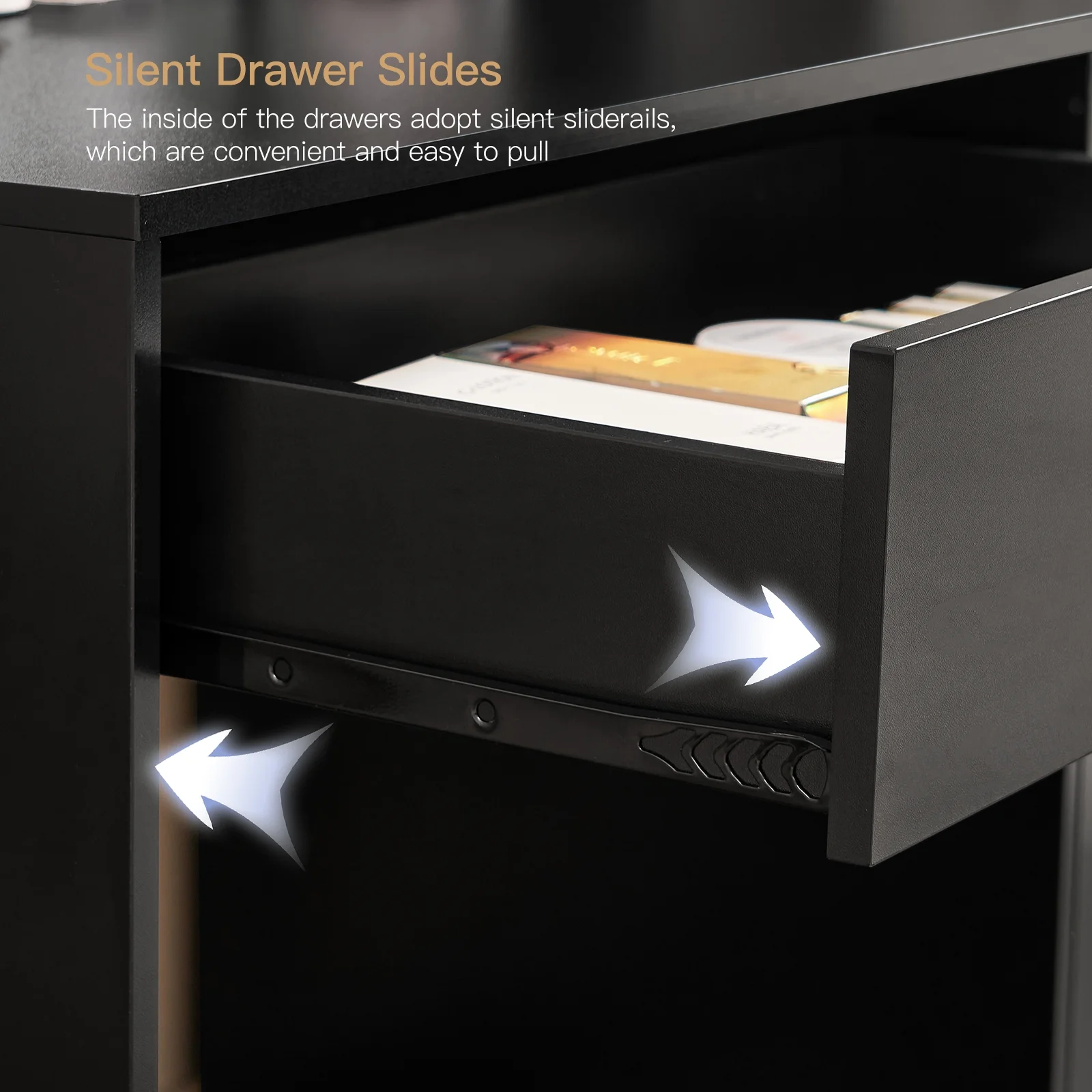 USIKEY LED Lights Mirror Vanity Desk Drawers Shelves Table Set Black