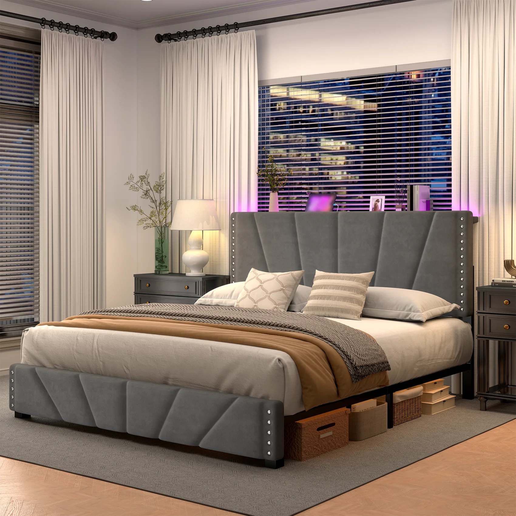 EnHomee Queen Bed Frame with Adjustable Headboard Upholstered Queen Size Platform Bed Frame with LED Lights & Charge Station ,Gray No Box Spring Needed, Noise Free