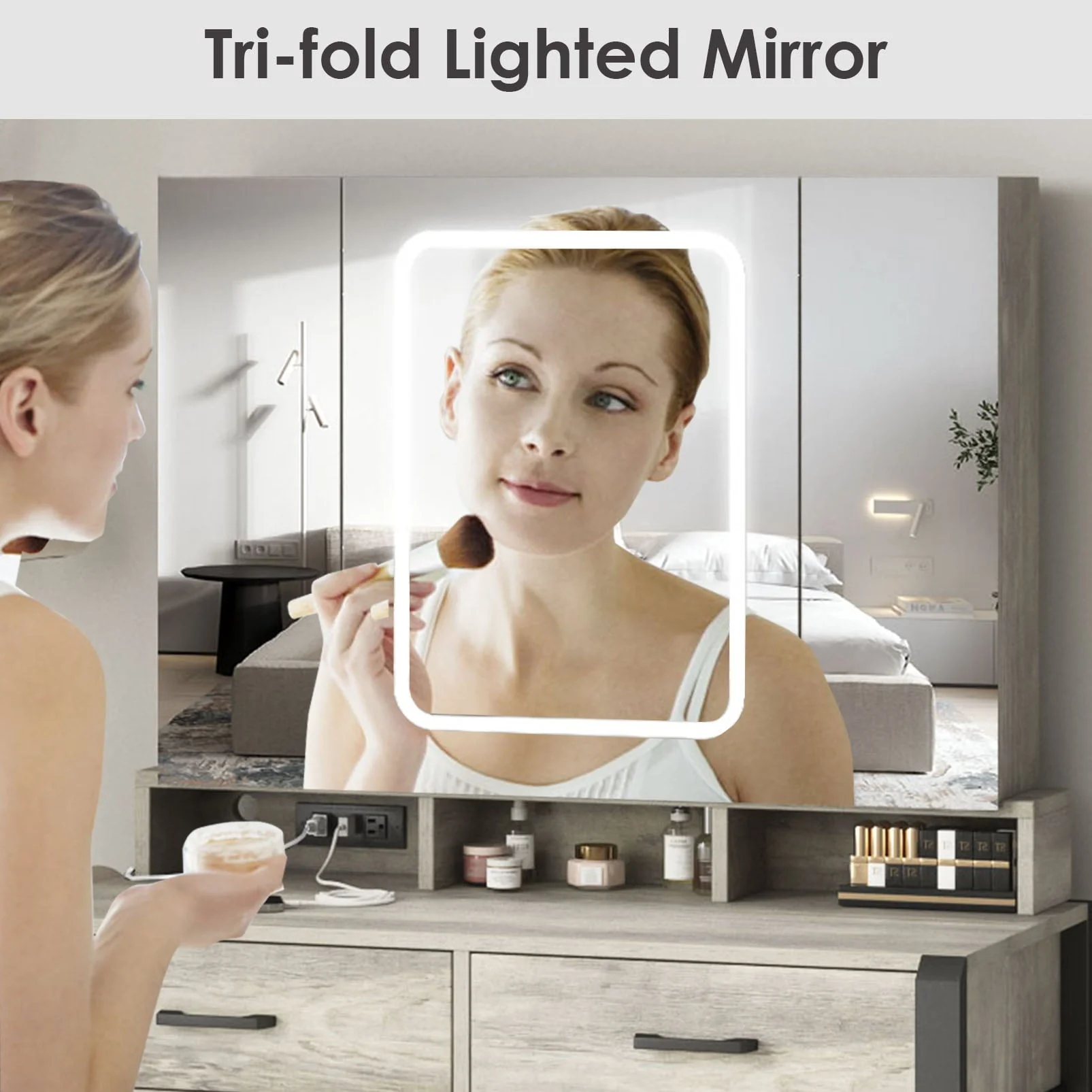 35.4in Makeup Vanity Desk with LED Lighted Mirror and Power Strip, Tri-Fold Mirror Makeup Table with Hair Dryer Rack,2 Drawers Vanity Set with Hidden Storage Shelves,3 Color Lighting Modes