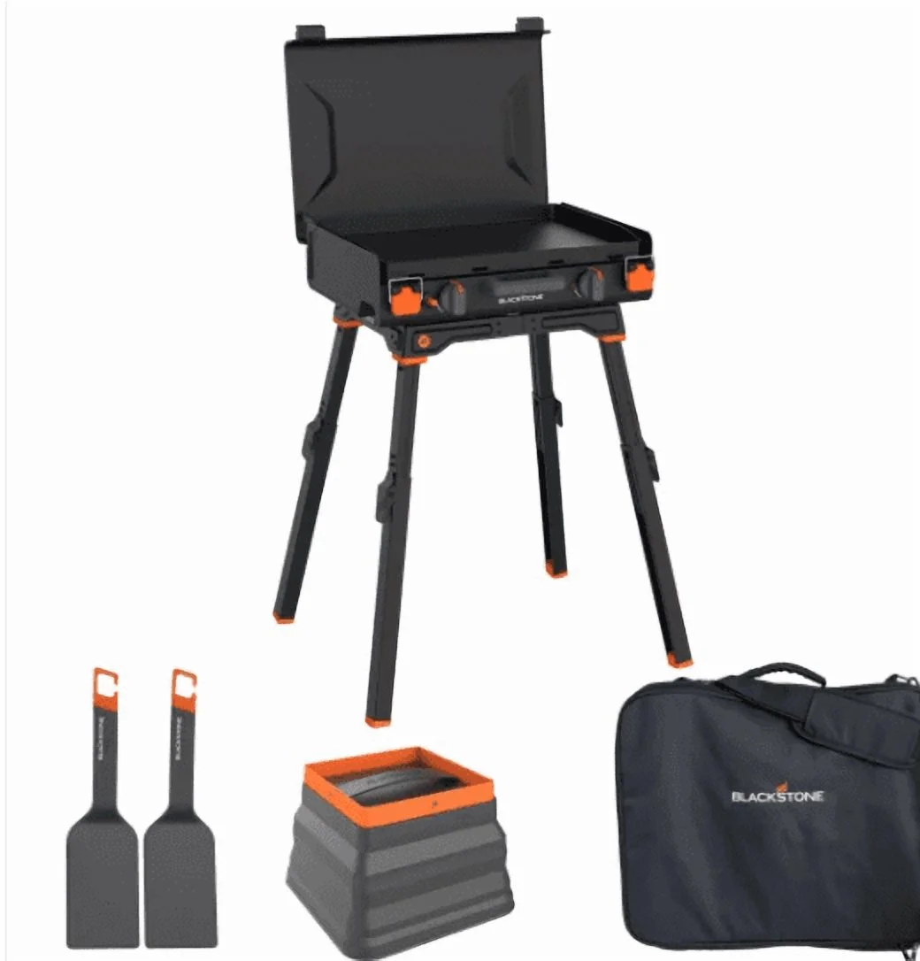 Blackstone 20x14in Camping Griddle Kit with Stand.Adjustable Legs. Incudes: Carry Bag, 2 Spatulas and a Collapsible Basting Dome.