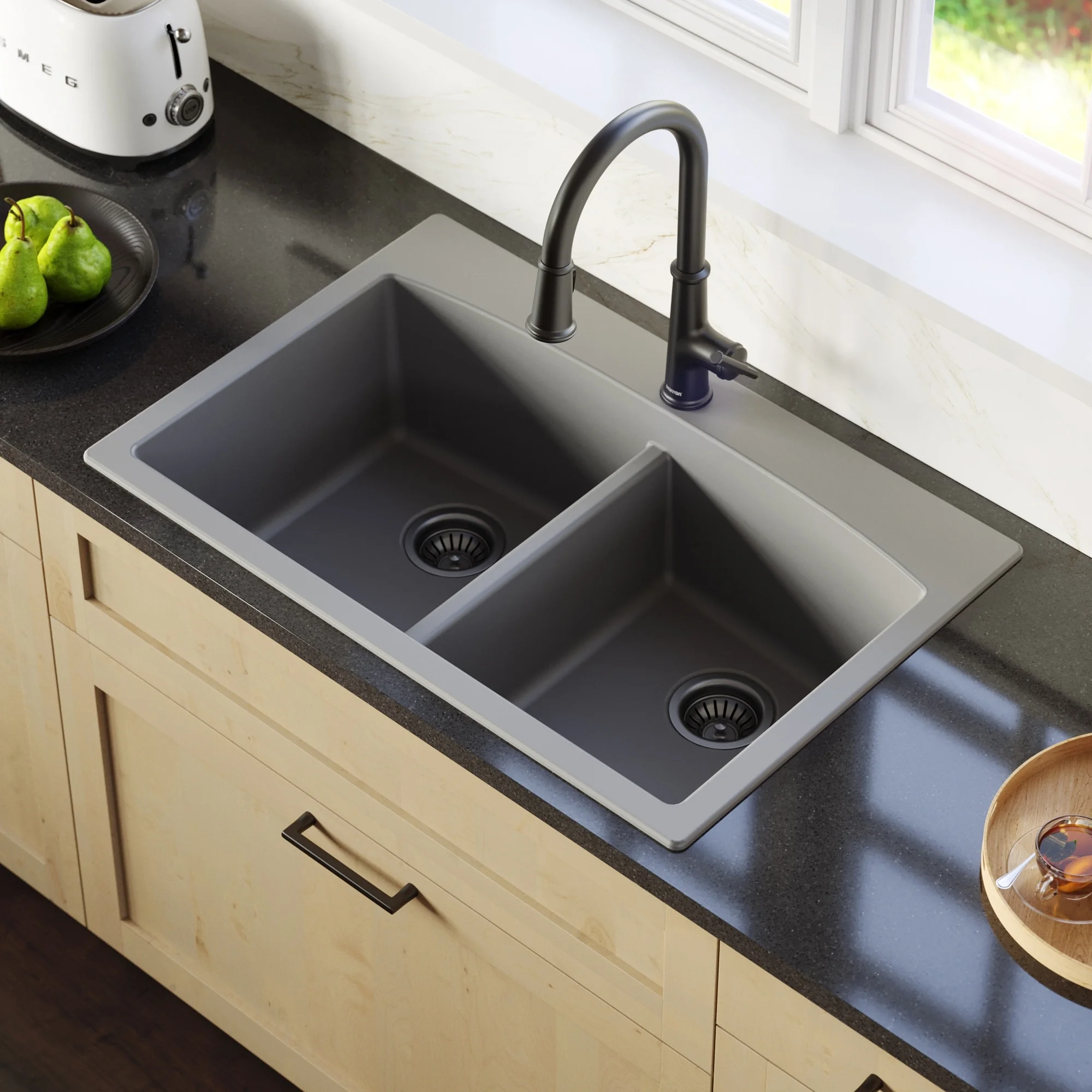 Karran QT-710-BR Brown Quartz Composite Rectangular Double Bowl Sink