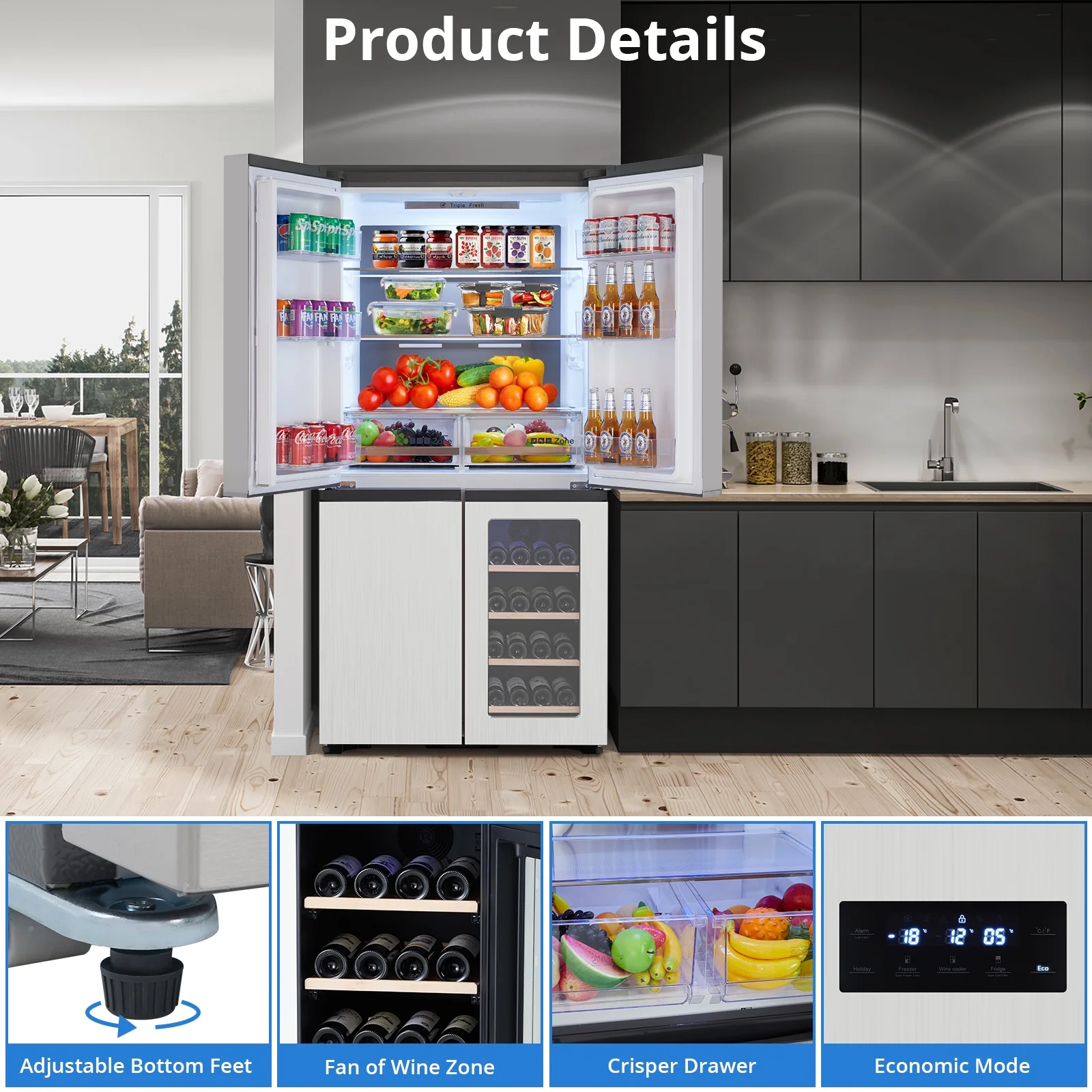 Refrigerator Colorful Stainless-Steel Fridge 595L With Wine Cabinet