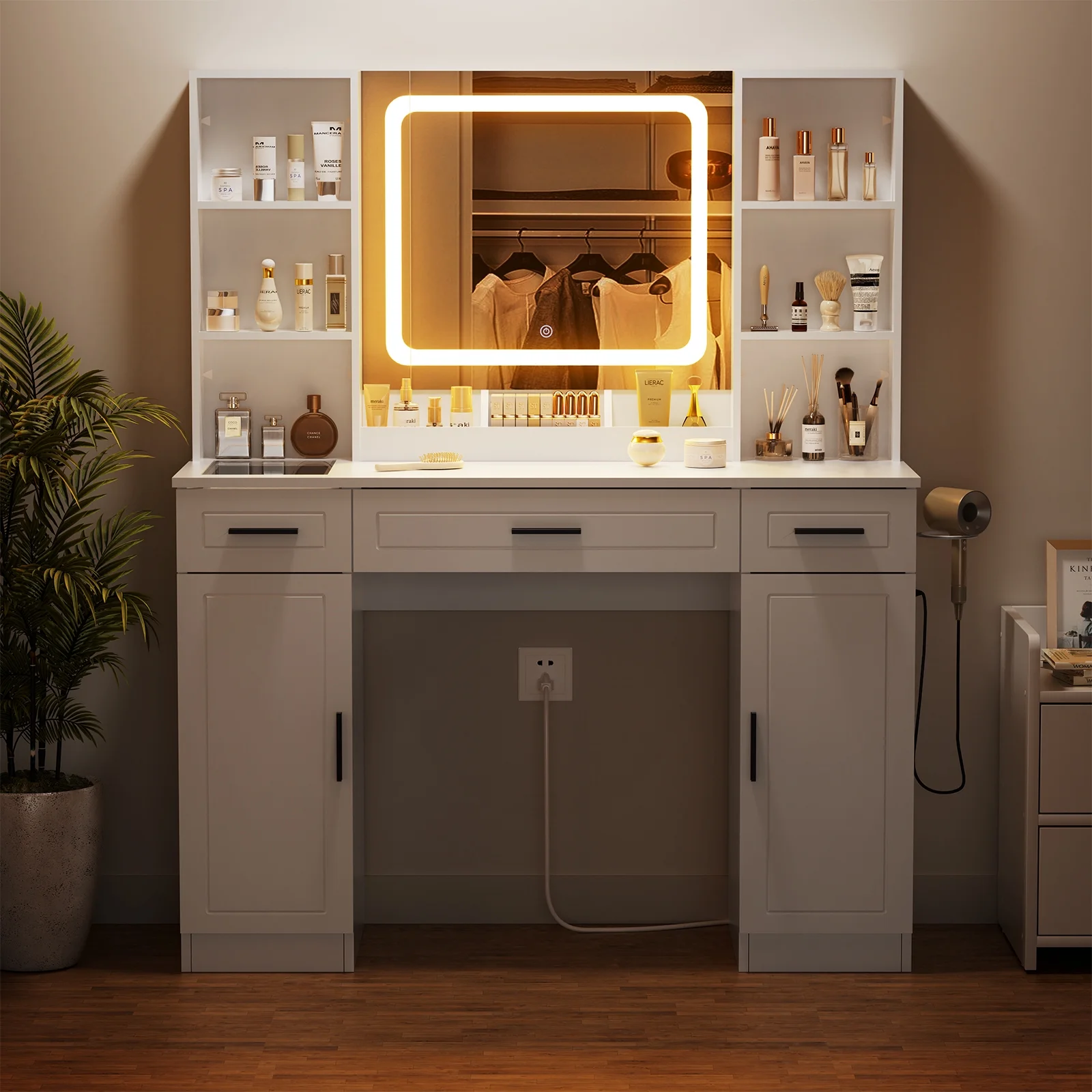 Hommpa Vanity, Makeup Vanity with LED Lighted Mirror Vanity Desk with Drawers Vanity Table with Charging Station for Girls Bedroom Storage Shelves, White