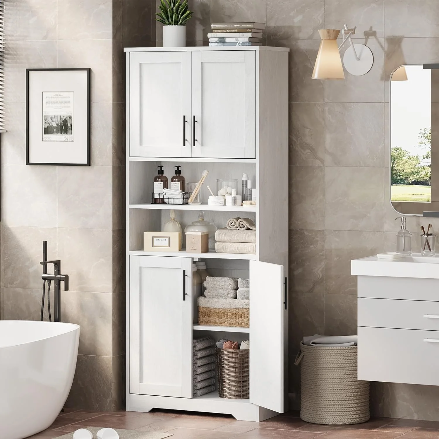 Studyset Tall Bathroom Cabinet, Freestanding Bathroom Storage Cabinet with Glass Doors and Adjustable Shelves, 67