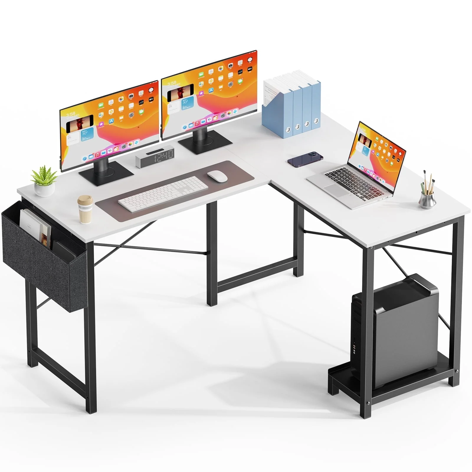 Modern L-Shaped Desk with Reversible Storage Shelf for Home and Office Use - 49 Inch Computer Desk for Gaming, Study, and Workstation, Black