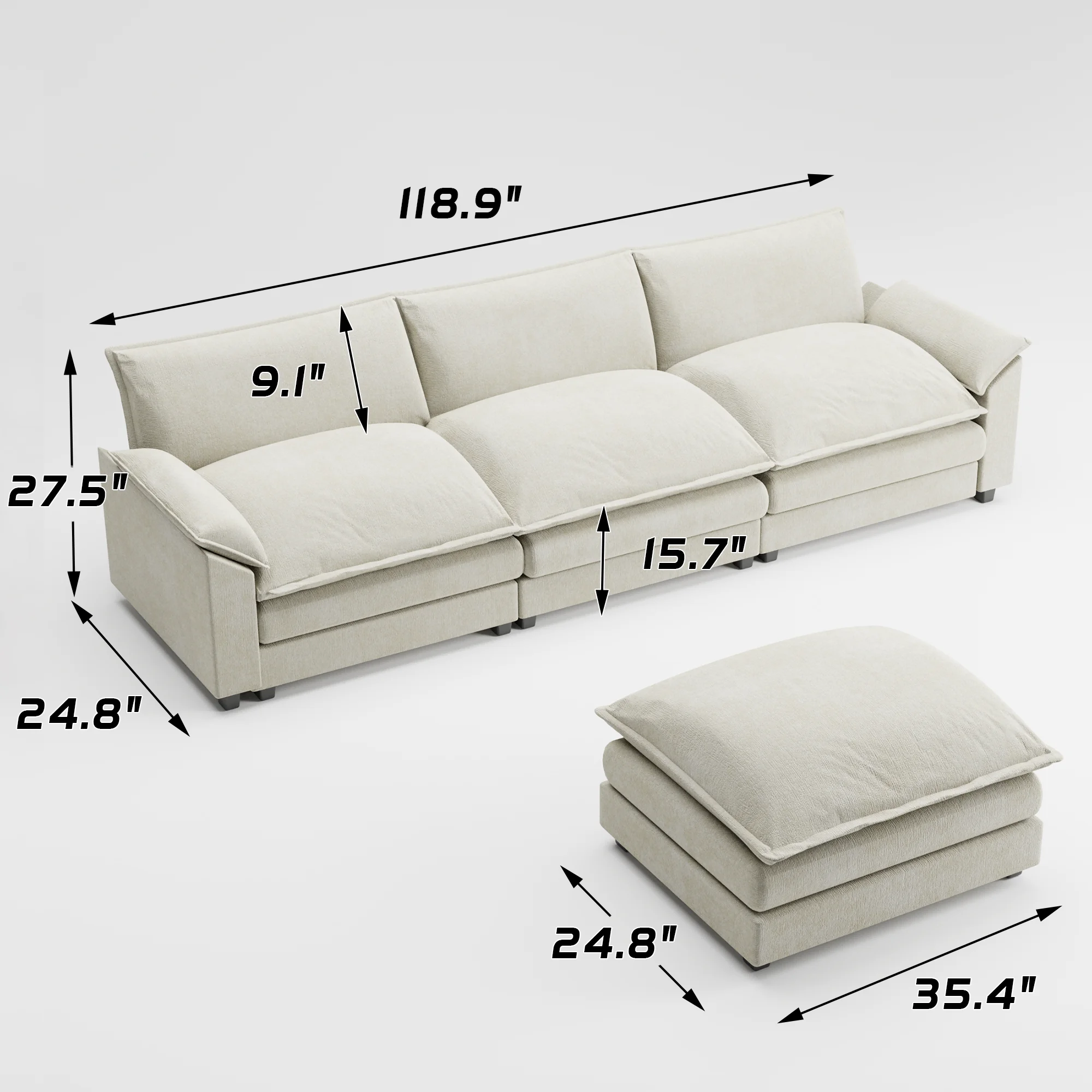 Homall Sectional Sofa 3-seat L-shaped Sofa with reversible toffee chair Movable Footrest Sofa,White