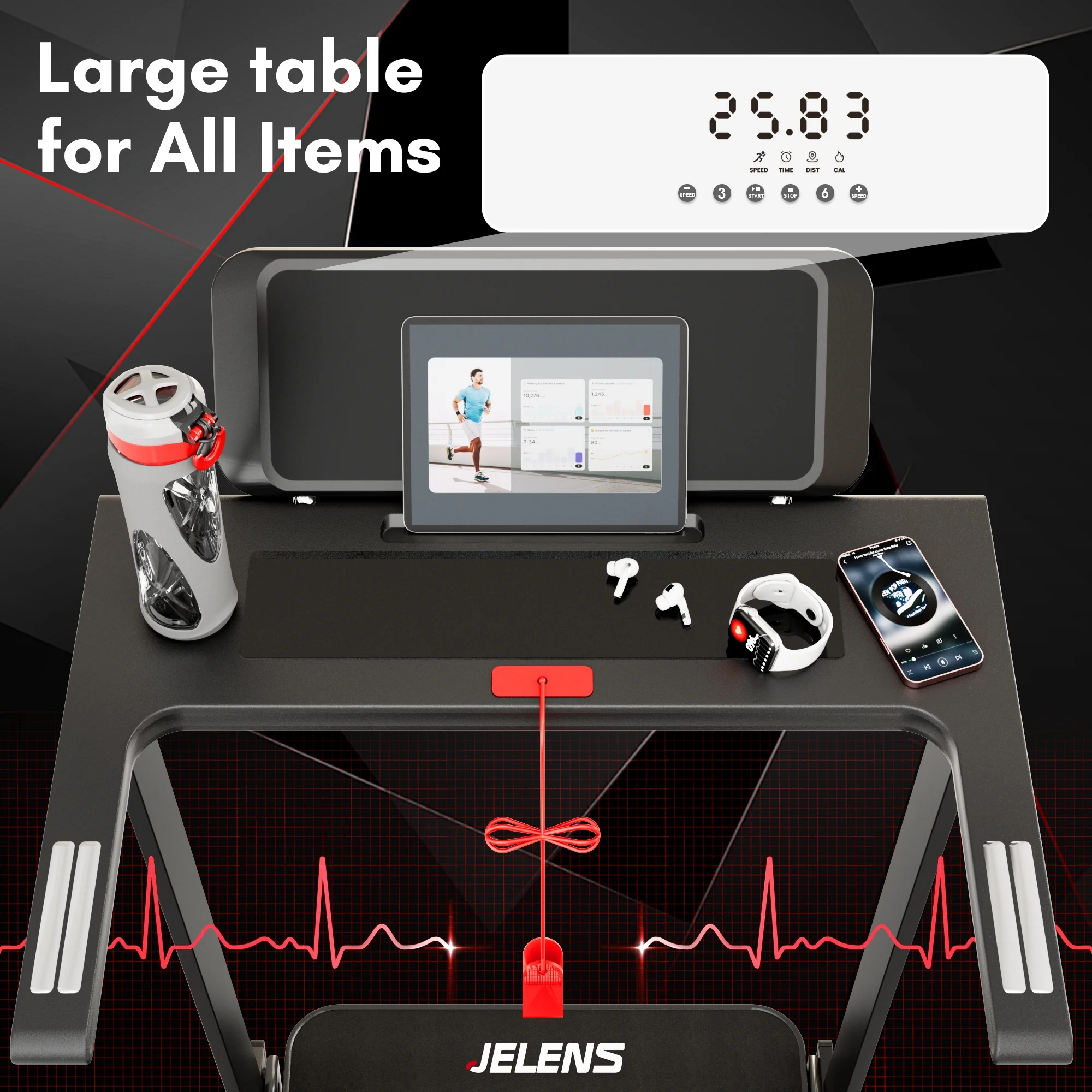 MITONOS Folding Treadmill with Desk. Foldable Treadmill for Home with 2.5HP Running Machine, Portable Walking Pad with LED and Desk Workstation for Home and Office
