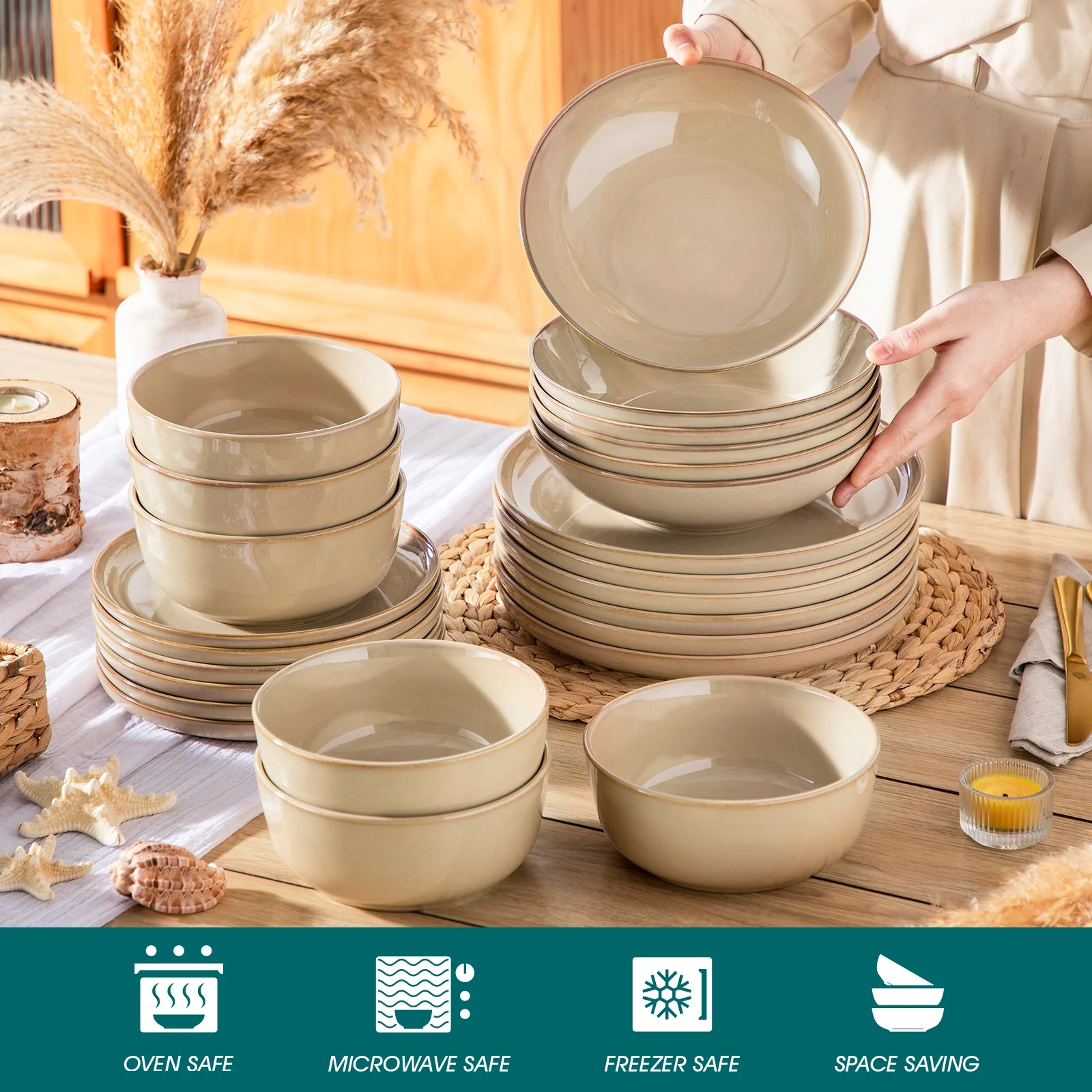 Malacasa 24 Pcs Dinnerware Sets, Stoneware Plates and Bowls Set, Tableware Dishwasher Microwave Safe, Serves For 6 people, Brown
