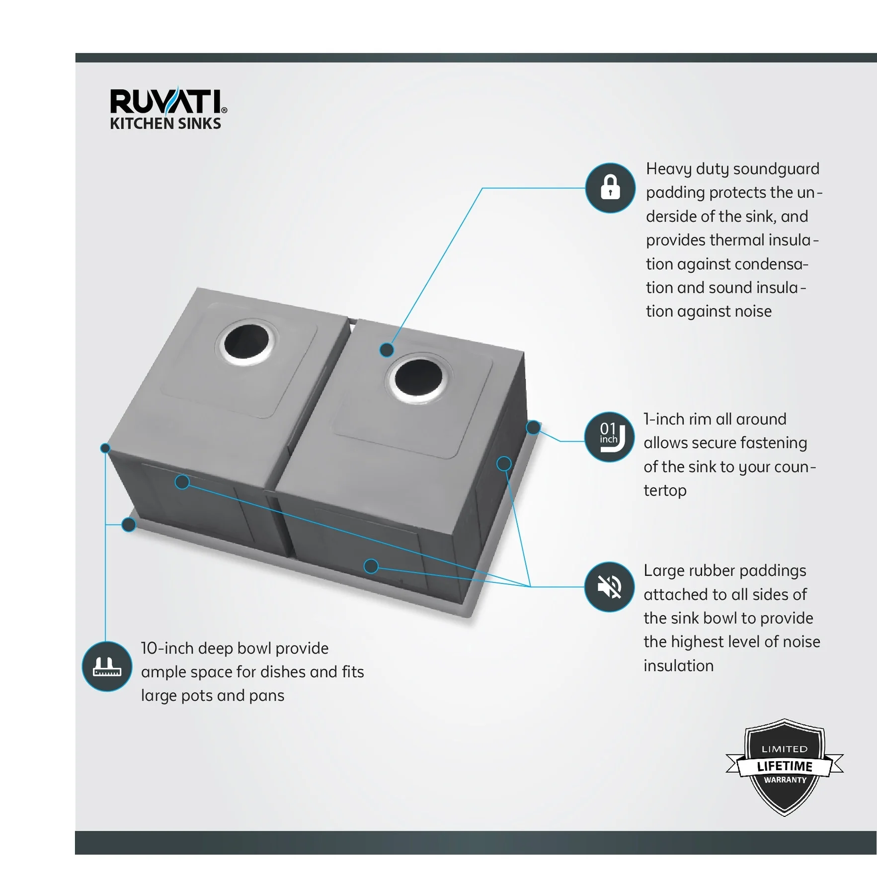 Ruvati RVH7350 Undermount 16 Gauge 30 in. Kitchen Sink Double Bowl