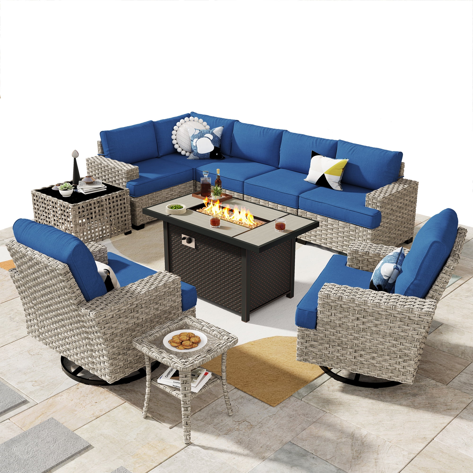 Ovios 10 Pieces Outdoor Patio Furniture Modern High-Back All-Weather Wicker Sectional Conversation Set with Propane Fire Pit Table & Swivel Chair, Dark Gray