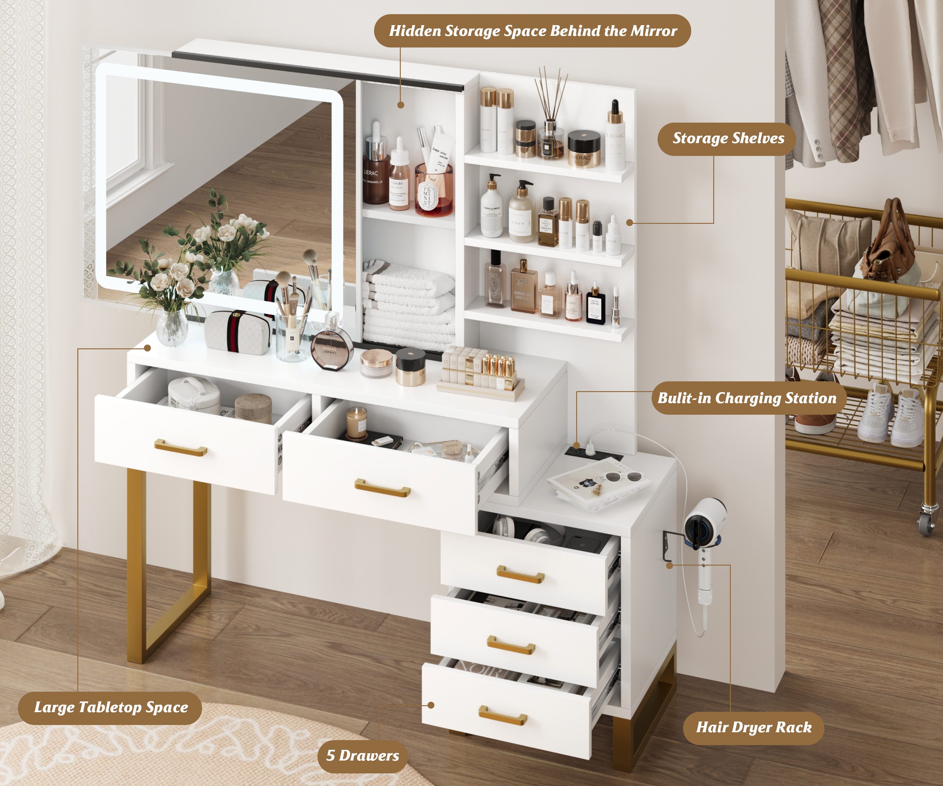 Vanity Desk with Adjustable LED Lighted Sliding Mirror,Makeup Vanity with 5 Drawers&Open Shelves for Bedroom