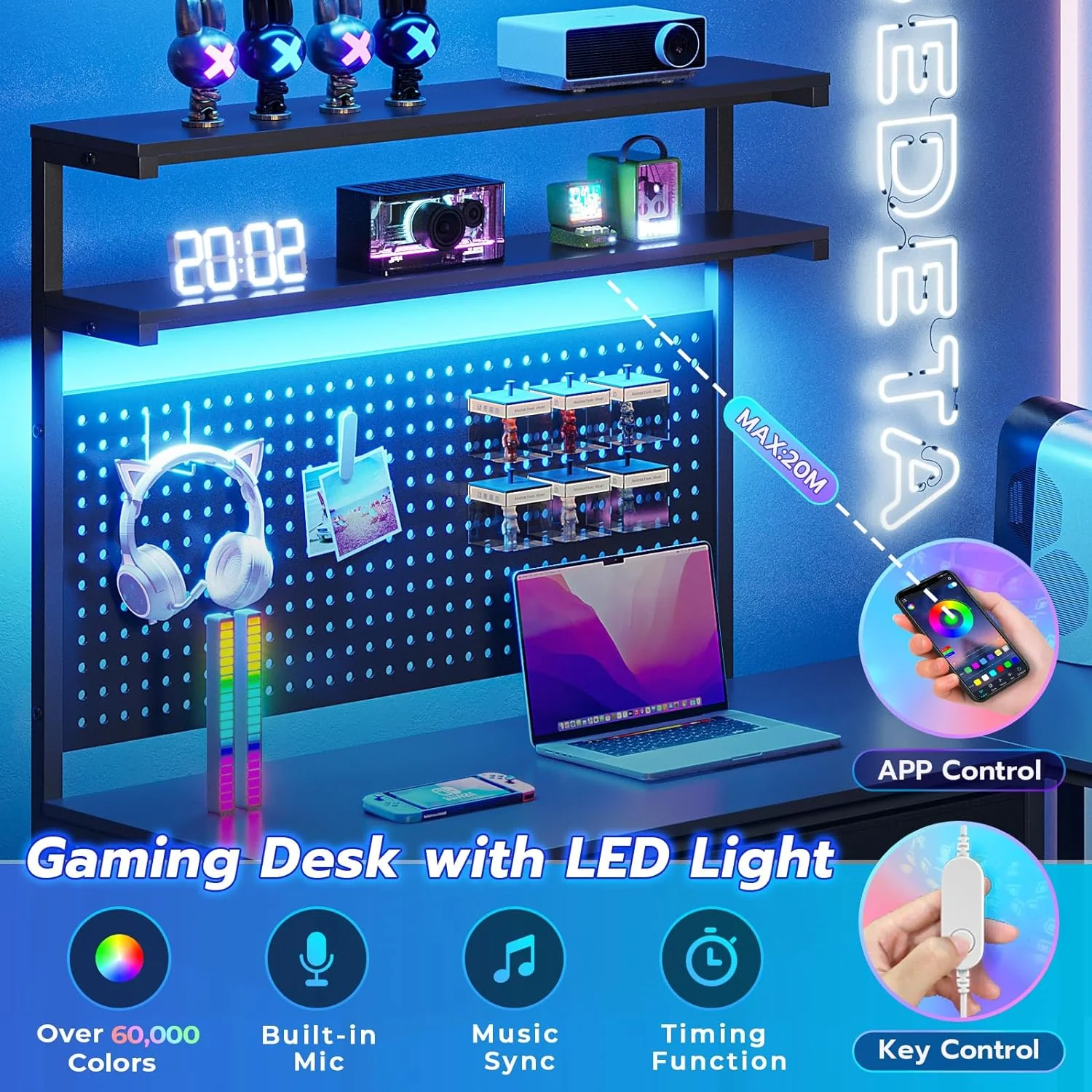 SEDETA White L Shaped Gaming Desk with LED Lights and Drawers, Gaming Desk with Hutch & Pegboard, Computer Desk with Monitor Stand, Storage Shelves, Home Office Desk Corner Desk, Gaming Table