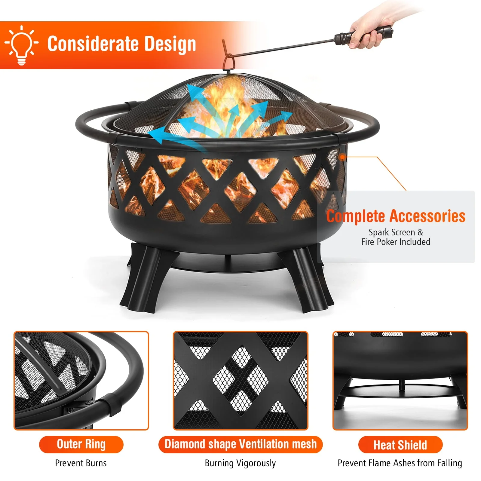 Singlyfire 30 inch Fire Pits for Outside with Grill Outdoor Fire Pits Wood Bowl 2 in 1 BBQ Firepit