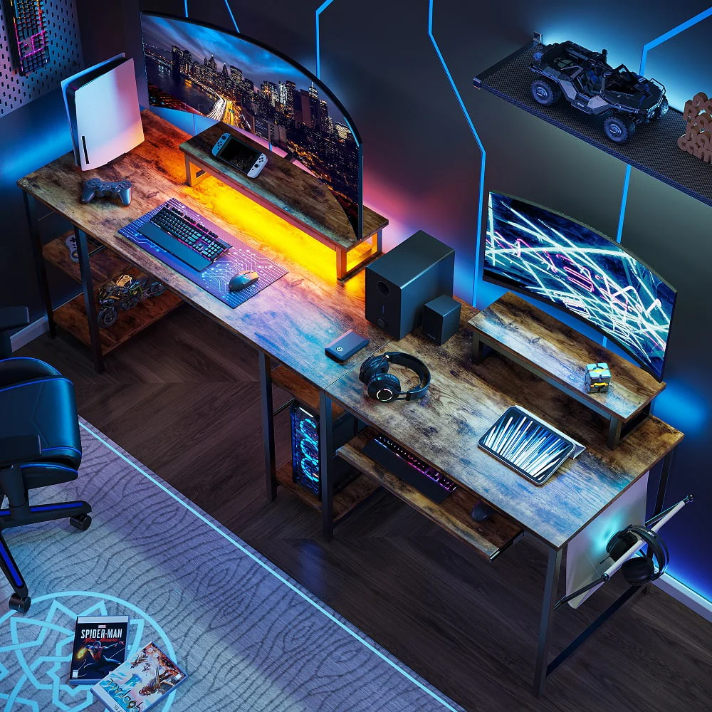 Bestier 95.2 inch L Shaped Gaming Desk with Monitor Stand & Keyboard Tray for Home Office in Rustic
