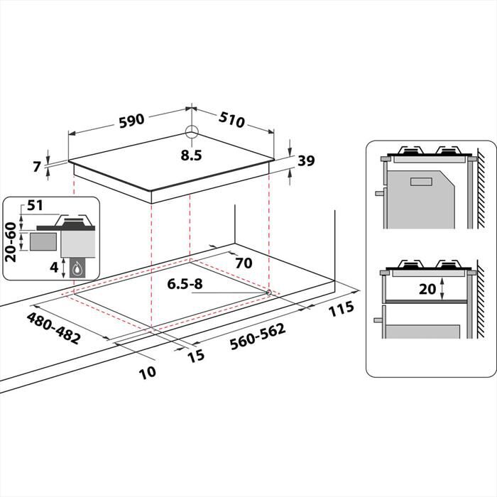 WHIRLPOOL - Piano cottura a gas IXELIUM GMR 6422/IXL 59cm-Stainless steel