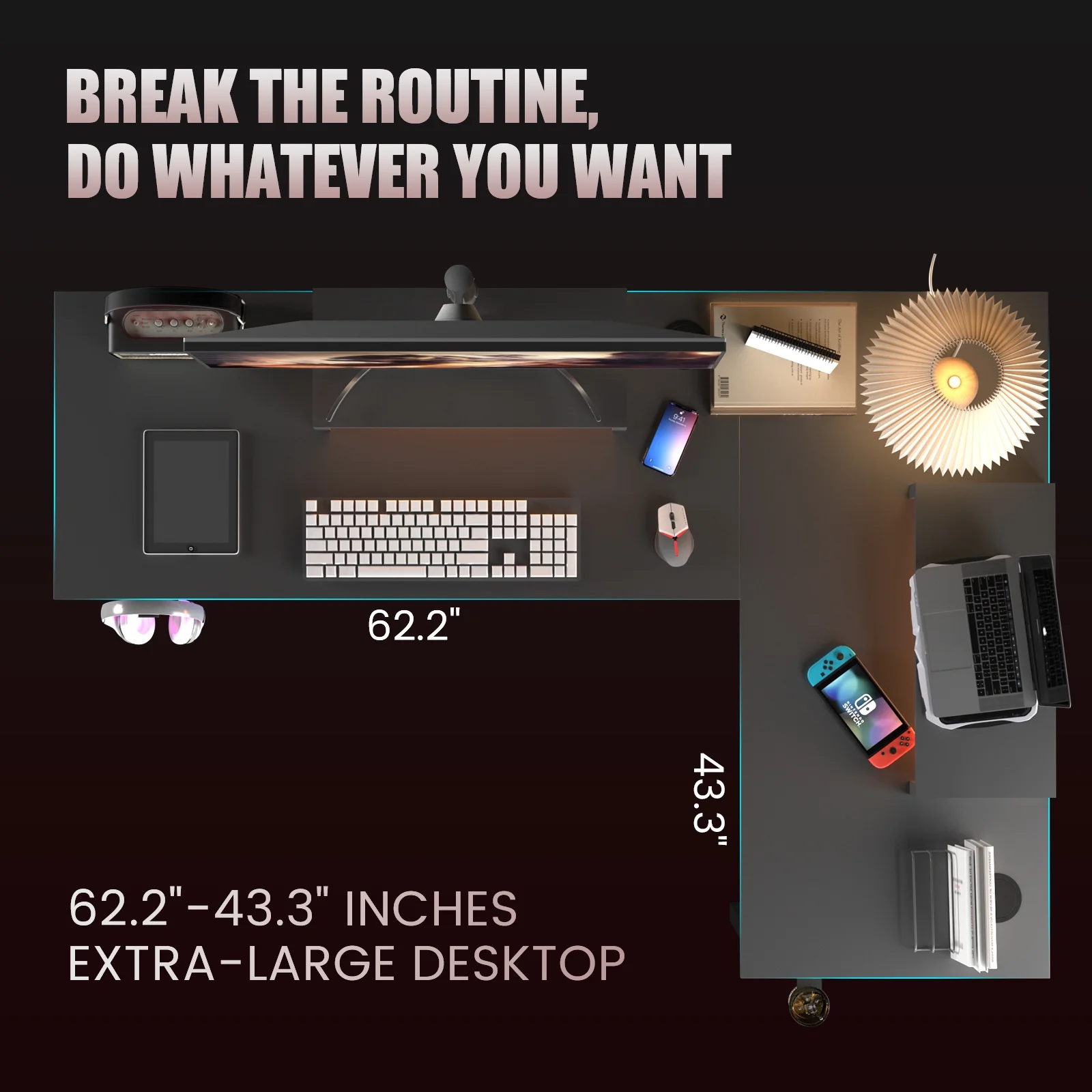 GTRACING L-Shaped Gaming Desk with RGB Light and Removable Storage Stands, Black