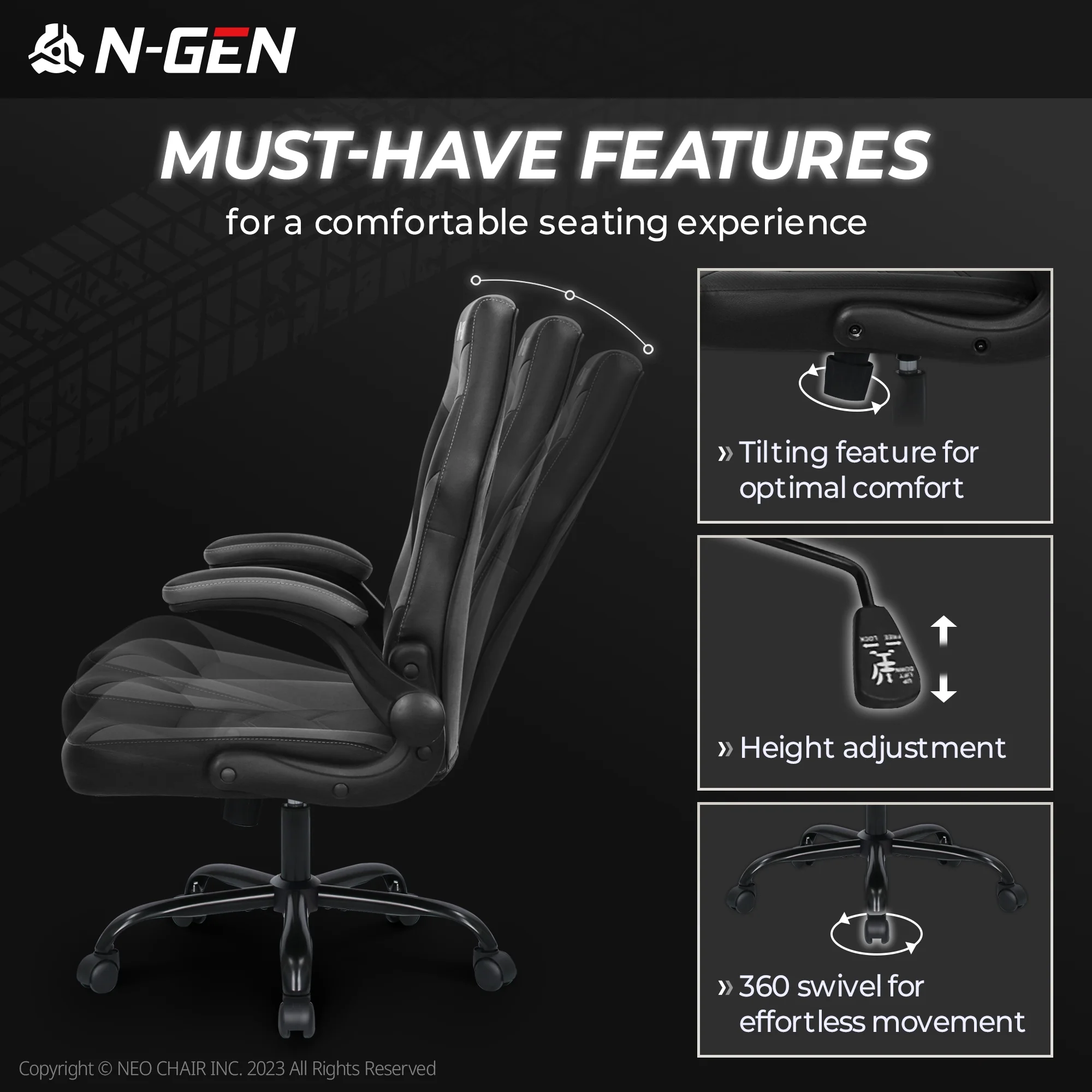 N-GEN Red Gaming Chair, Flip-up Armrest Computer Chair Ergonomic Office Chair PU Leather Desk Chair Executive Adjustable Swivel Task Chair
