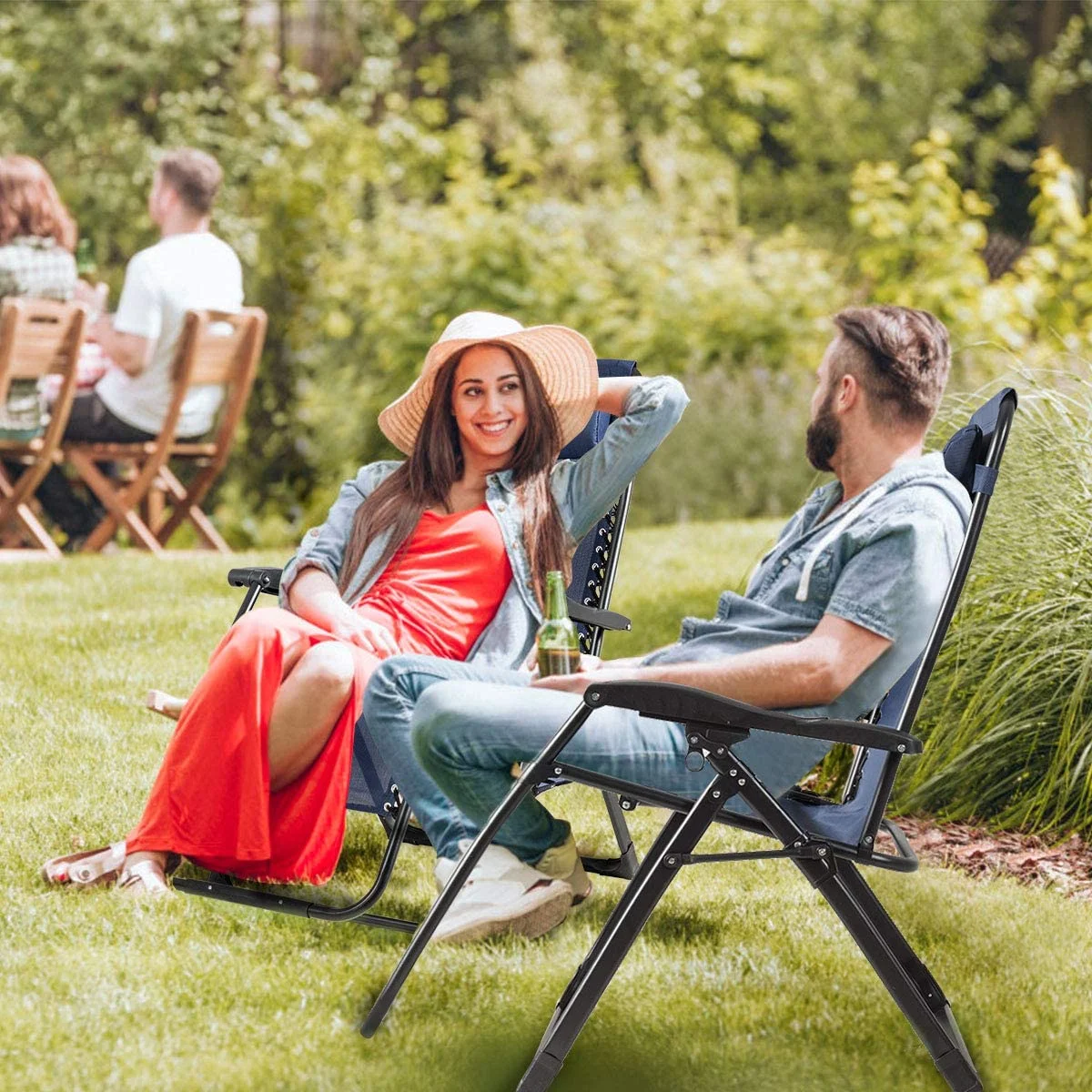 S AFSTAR  Chair, Oversized Outdoor Lounge Chair with Cup Holder & Detachable Pillow, Folding Patio Recliner,  Lawn Chair for Poolside Backyard Beach, Support 500 Lbs (Navy)