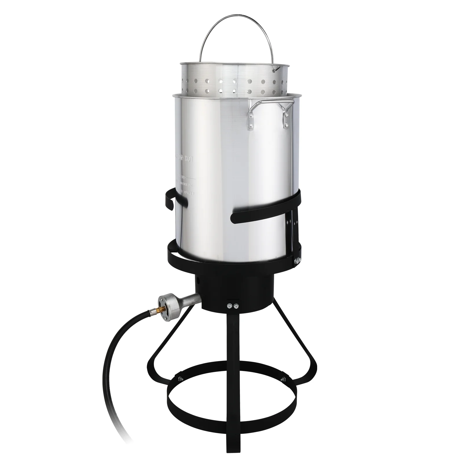 Black Round Iron Stove Frame, Silver Aluminum 30qt Turkey Pot 10qt Fish Pot, Gas Fryer - 13*32inch Four-Piece Set
