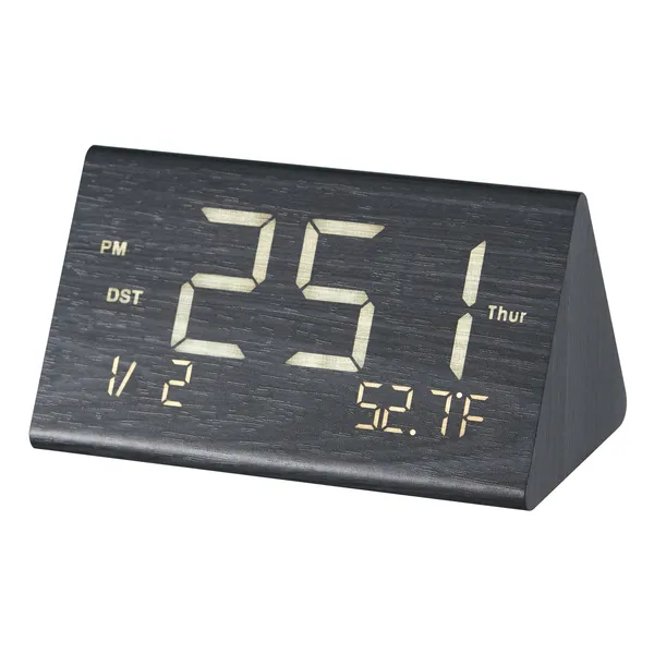 Digital Alarm Clock, Wooden Desk Clock with Dual Alarm, USB Port, Snooze, Night Light, Voice Control, Adjustable Volume, Bedside Desktop Clock with Charger for Bedroom, Kitchen, Office, Black