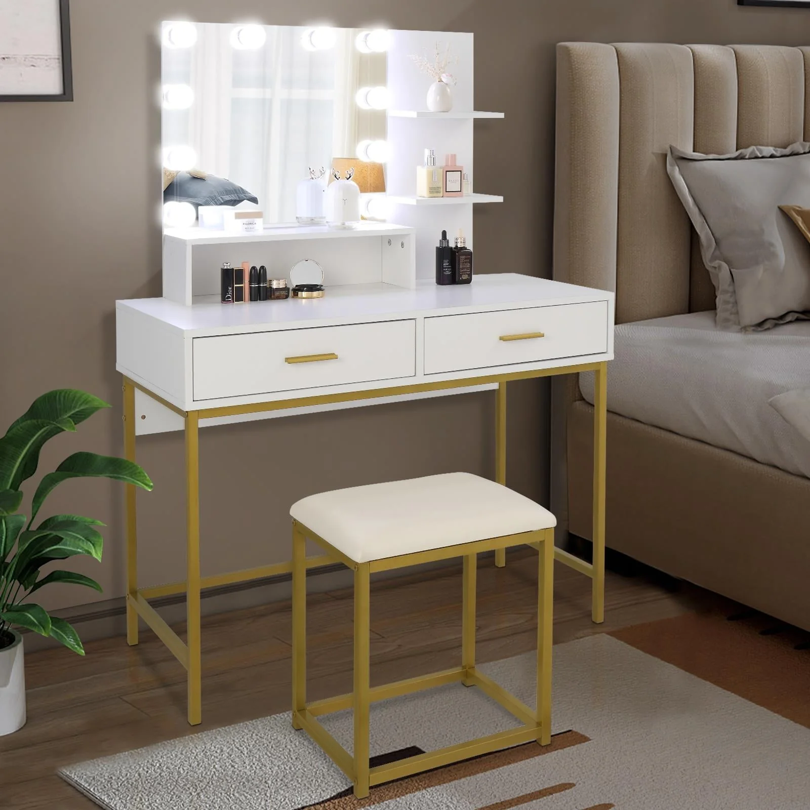 Ktaxon Vanity Table Set with 3 Color Lighted Mirror & Stool, Makeup Vanity Dressing Table, 2 Drawers and Storage Shelves for Bedroom, Gold Vanity Desk for Women Girls (White)