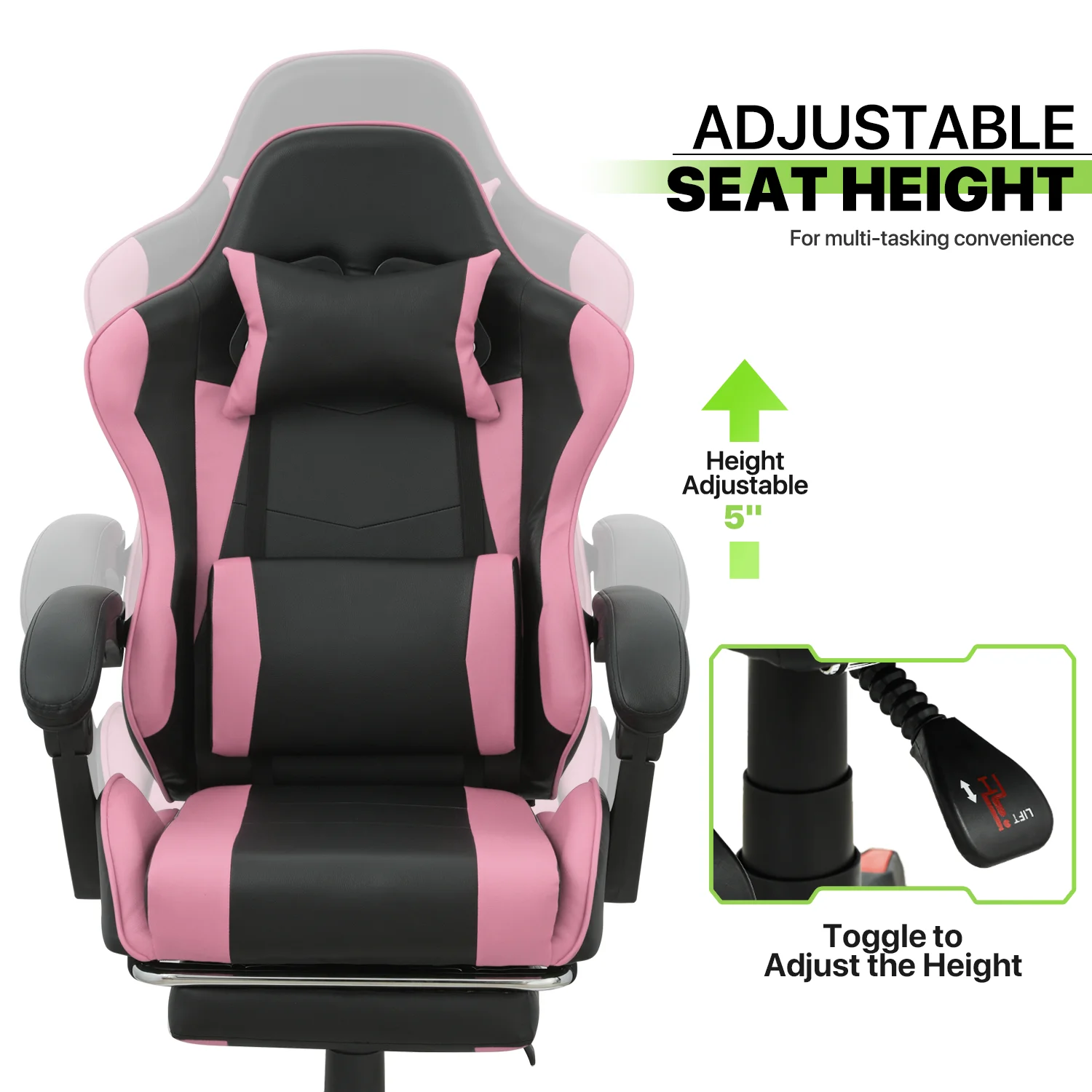 Magshion Adjustable Gaming Chair, Ergonomic PC Computer Seat with Headrest and Lumbar Support for Adults Teens Desk Chair, Black