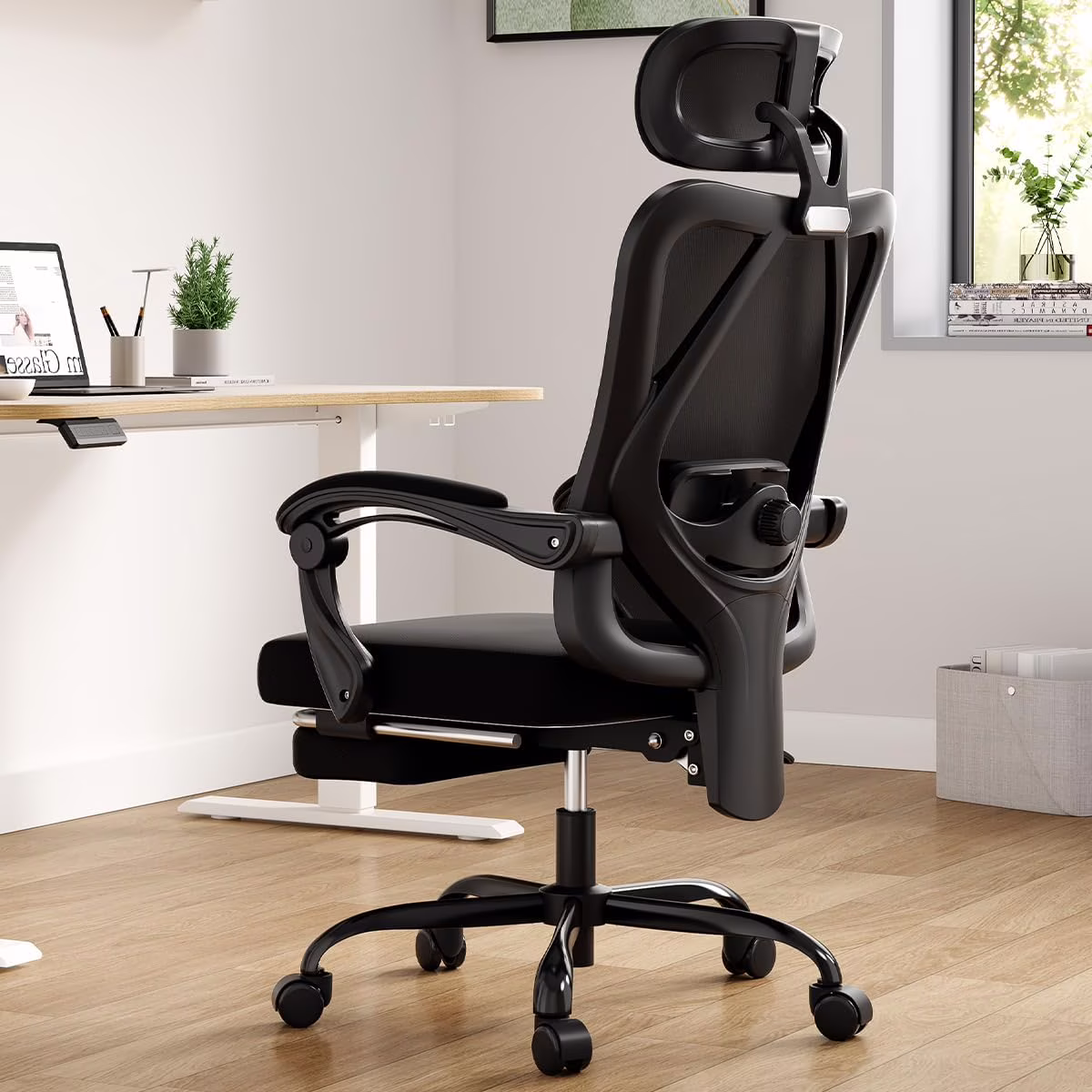 STARY Ergonomic Office Chair with Footrest, High Back Mesh Desk Chair with Adjustable Headrest & Lumbar Support, Comfortable Computer Chair for Home Office Study, White & Beige