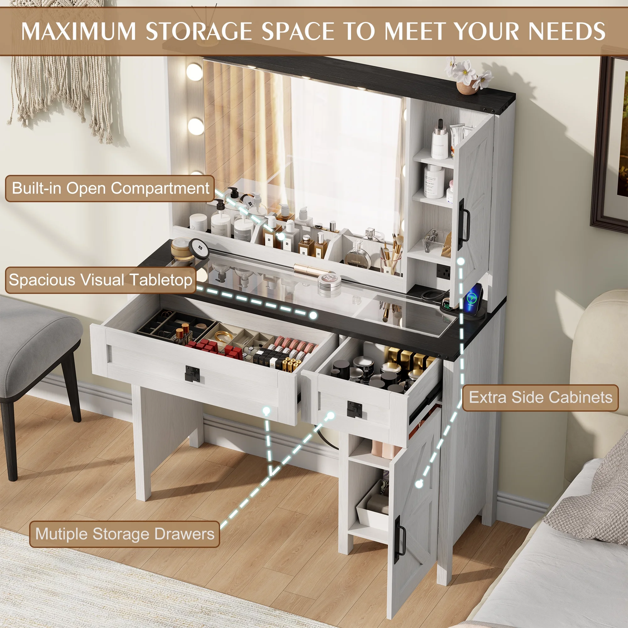 GIKPAL Makeup Vanity, Vanity Desk with Mirror & Glass Top, Farmhouse Vanity with Lights, Charging Station and Drawers, Rustic White