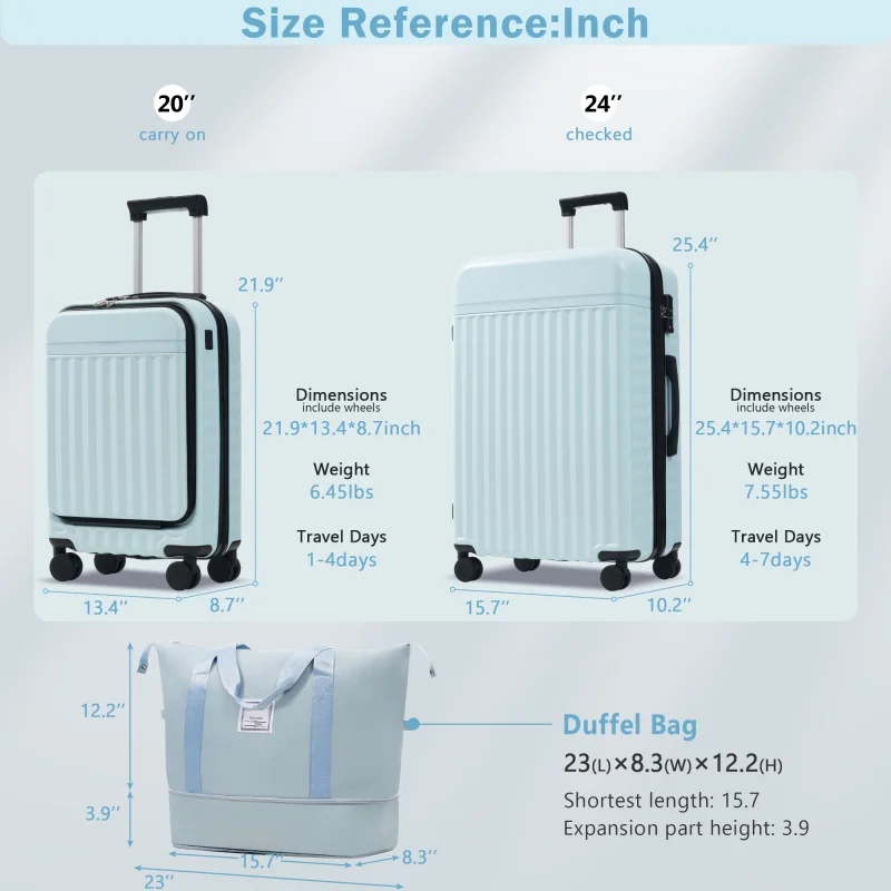 Front Opening Luggage Set 3 Piece, Hardside Carry on Suitcase with USB Port, Expandable Luggage with Handle Bag Spinner Wheels TSA Lock