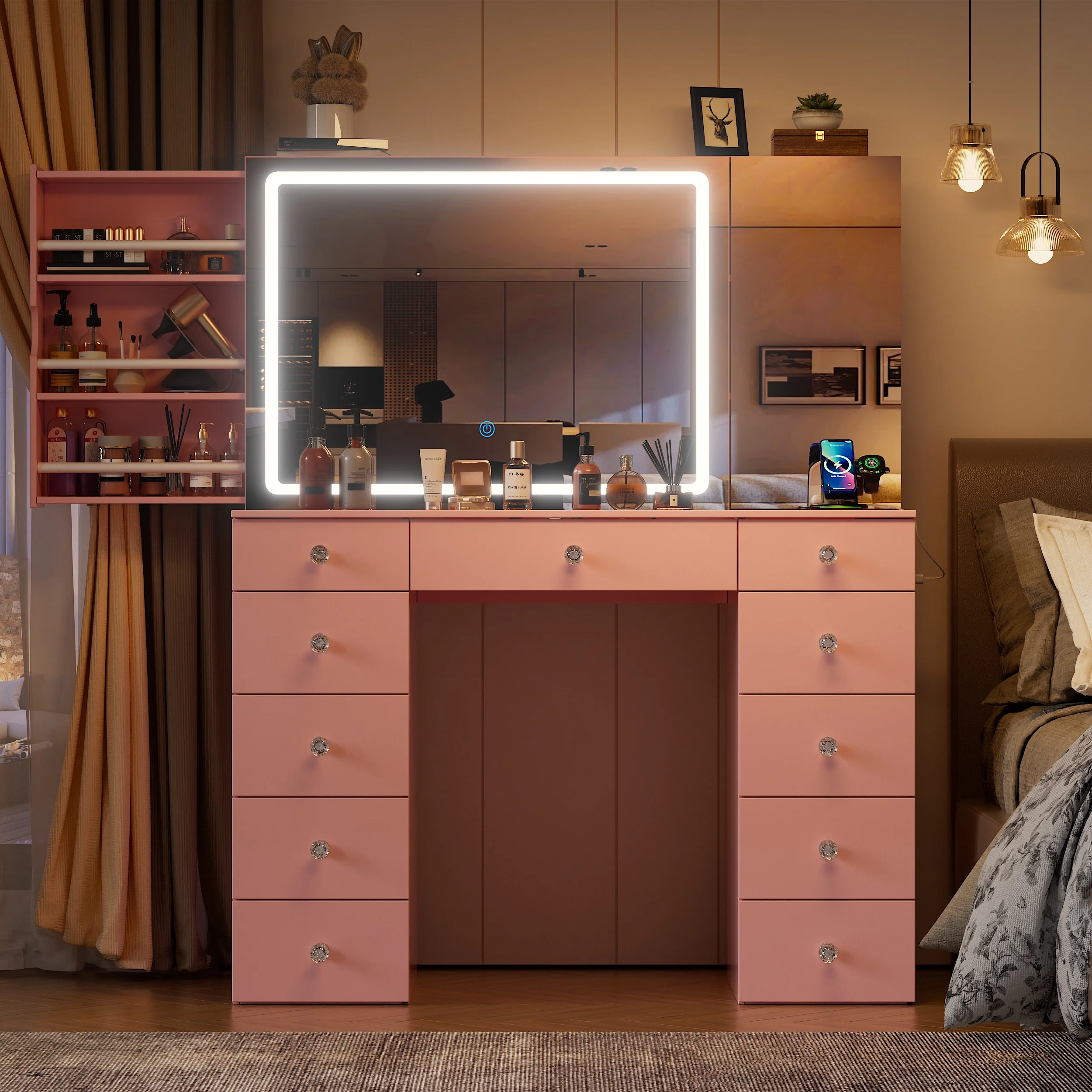 PAKASEPT Makeup Vanity Desk with Mirror and Lights, Vanity Desk with Charging Station, Drawers, Movable Shelves for Makeup, Modern Vanity Table Set with Vanity Stool for Bedroom, White