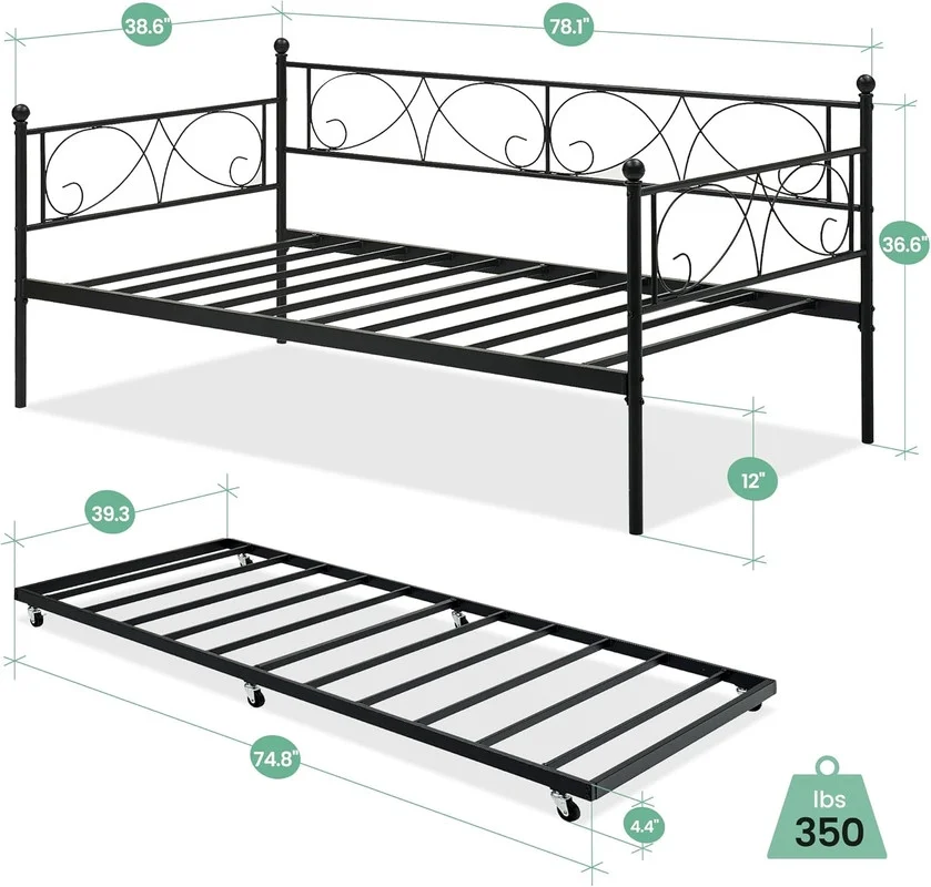 Metal Sofa Bed with Heavy Castor Metal Slats,Platform Sofa Bed with Headboard and Footboard,Suitable for Bedroom, Living Room,Noise Free,Black