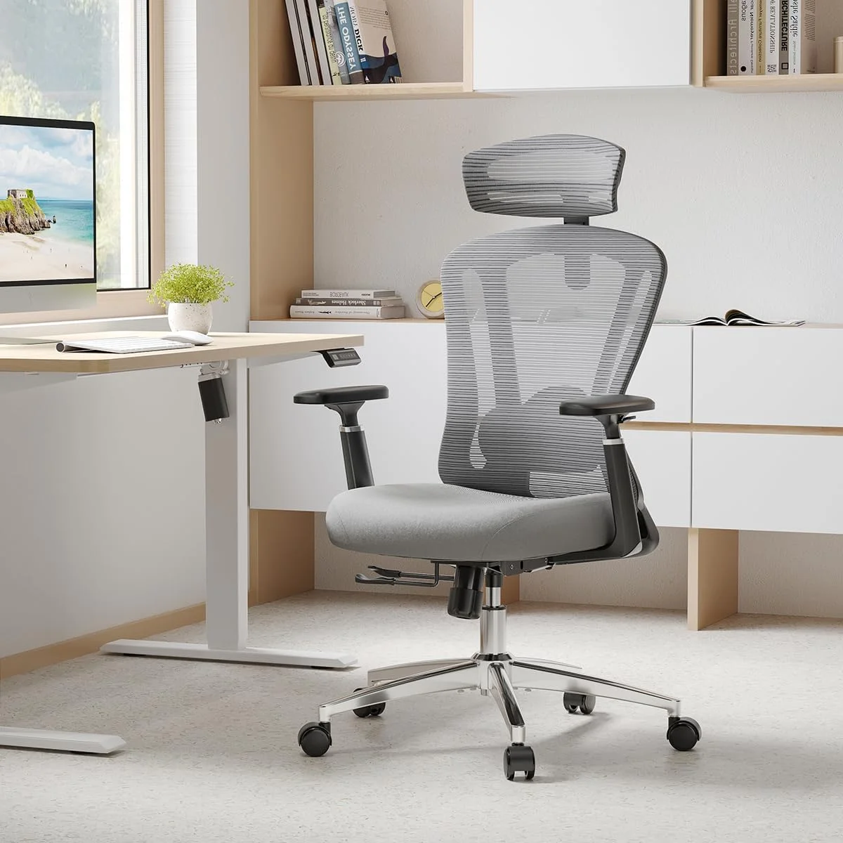 STARY Ergonomic Office Chair with Footrest, High Back Mesh Desk Chair with Adjustable Headrest & Lumbar Support, Comfortable Computer Chair for Home Office Study, White & Beige