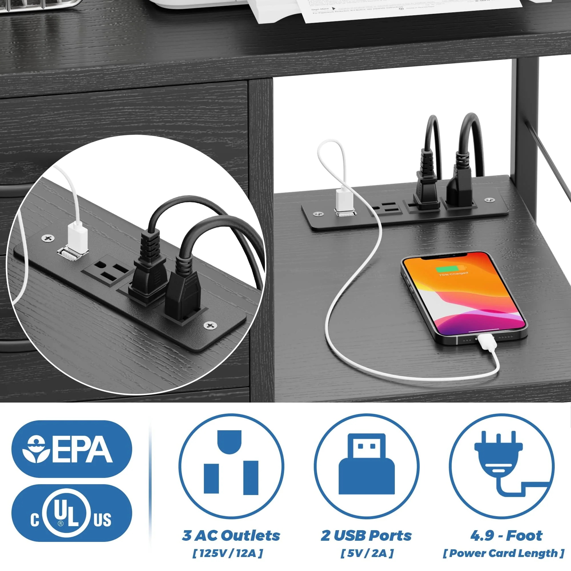 Himusi File Cabinet with USB Charging Ports Socket, 3 Drawers File Organizer for Home Office, Rolling Lateral Filing Cabinet for Printer Stand with Storage, Balck