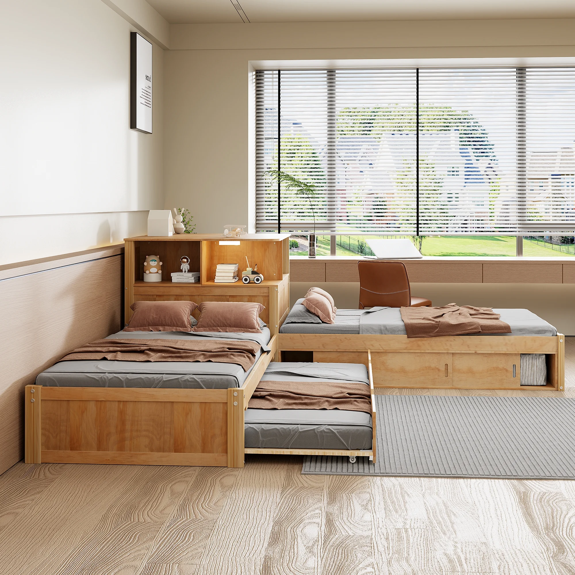 Euroco Pine Wood L-Shaped Twin Platform Bed with Storage Desk, Cabinets, Trundle and LED Light for Kids Teens, Gray