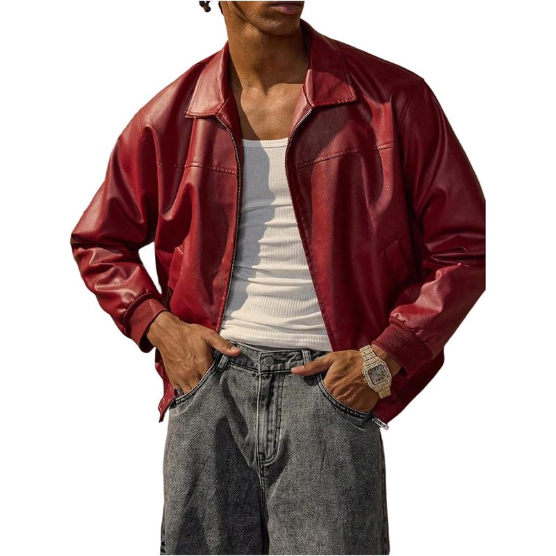 Men's Leather Jacket Zip Up Collared Bomber Jackets with Pockets