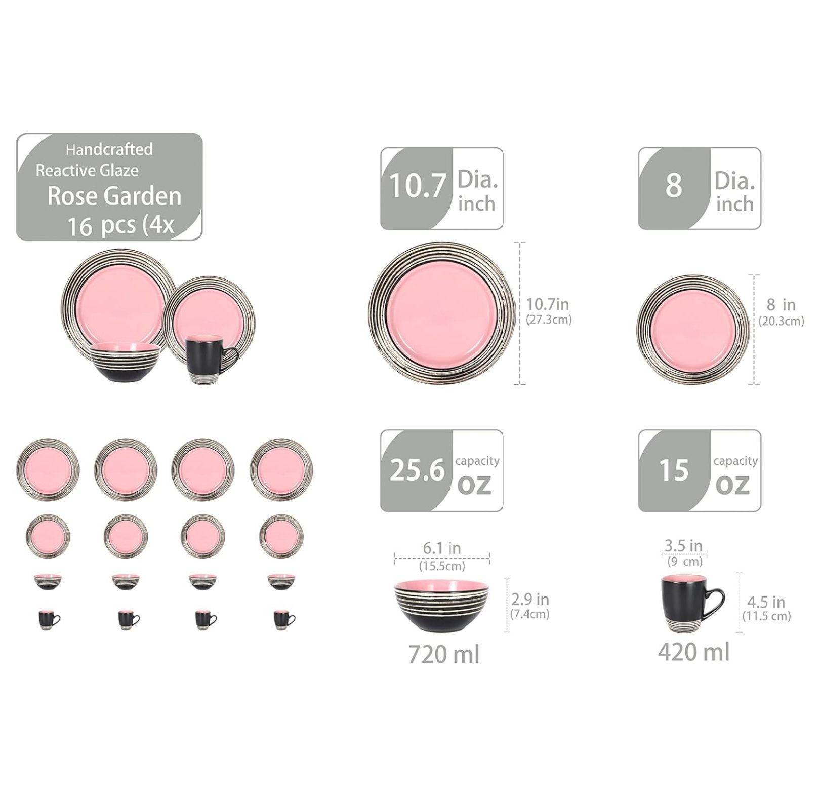 saney, Stoneware Handcrafted Tree Effected Glaze Dinnerware Set (Rose, Service for 4-16pc Set)