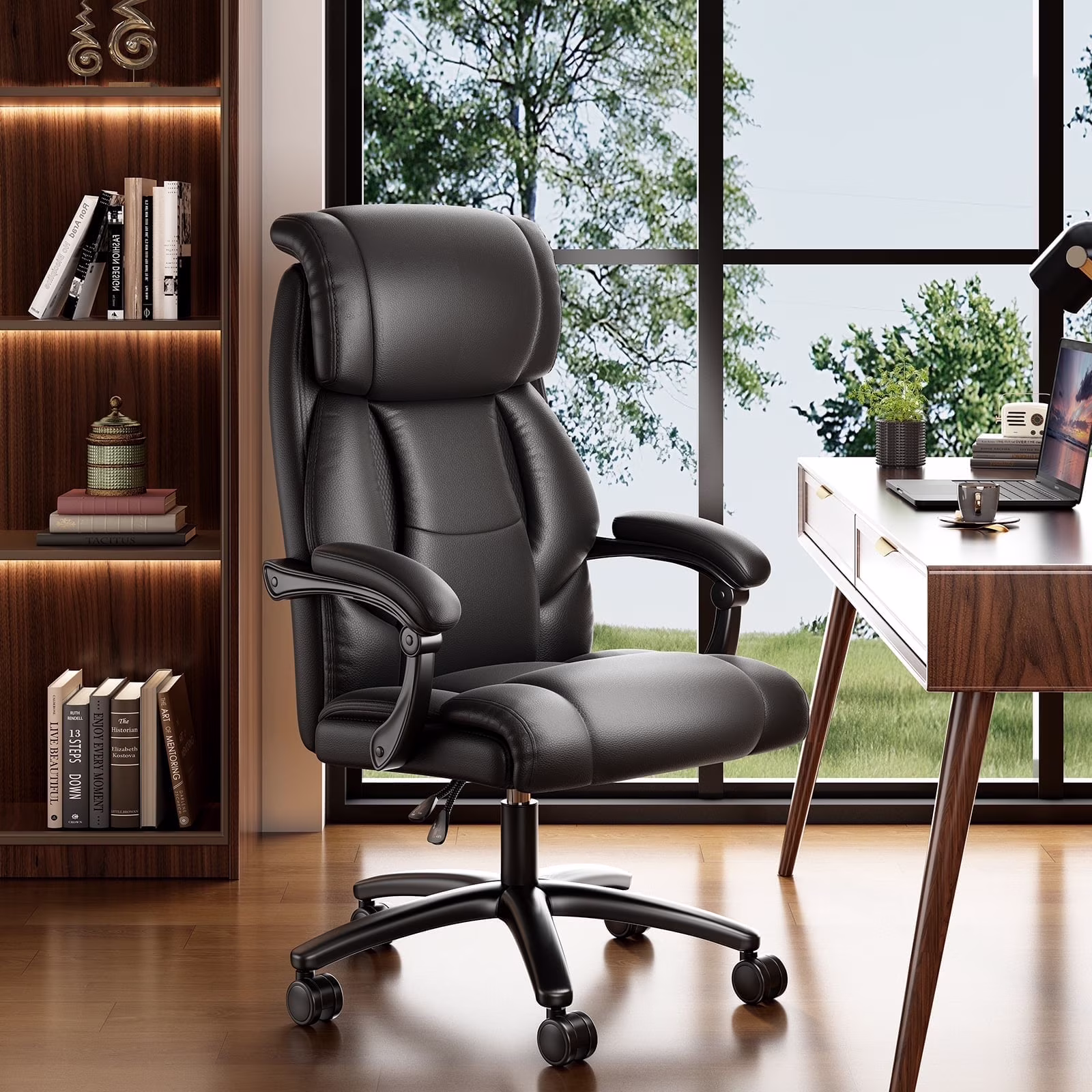 Solfway Big and Tall Office Chair 400LBS, High Back Black Leather Executive Office Chair, Computer Desk Chair with Adjustable Flip-up Arms, Wheels and Lumbar Support