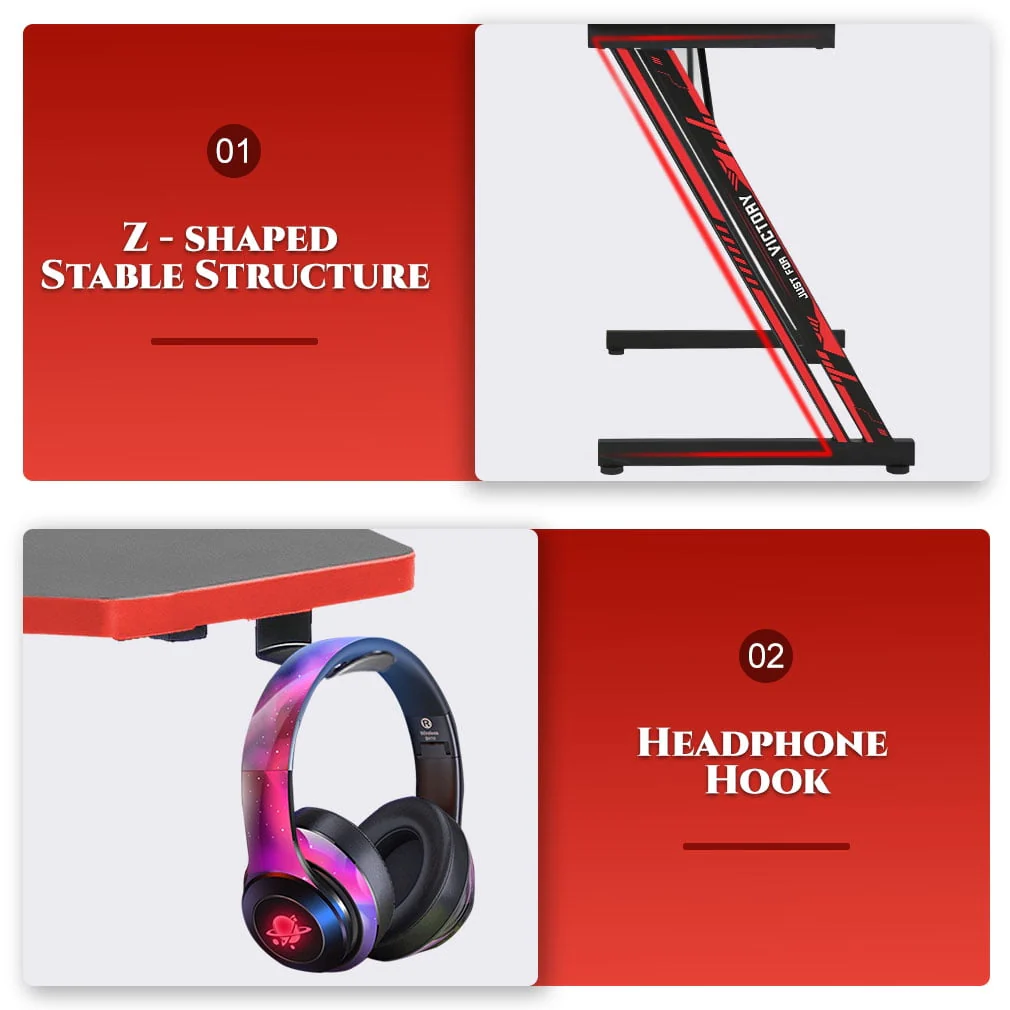 BestOffice 39.4in Z Shaped Computer Gamaing Desk with Headphone Hook for Game Players, Red