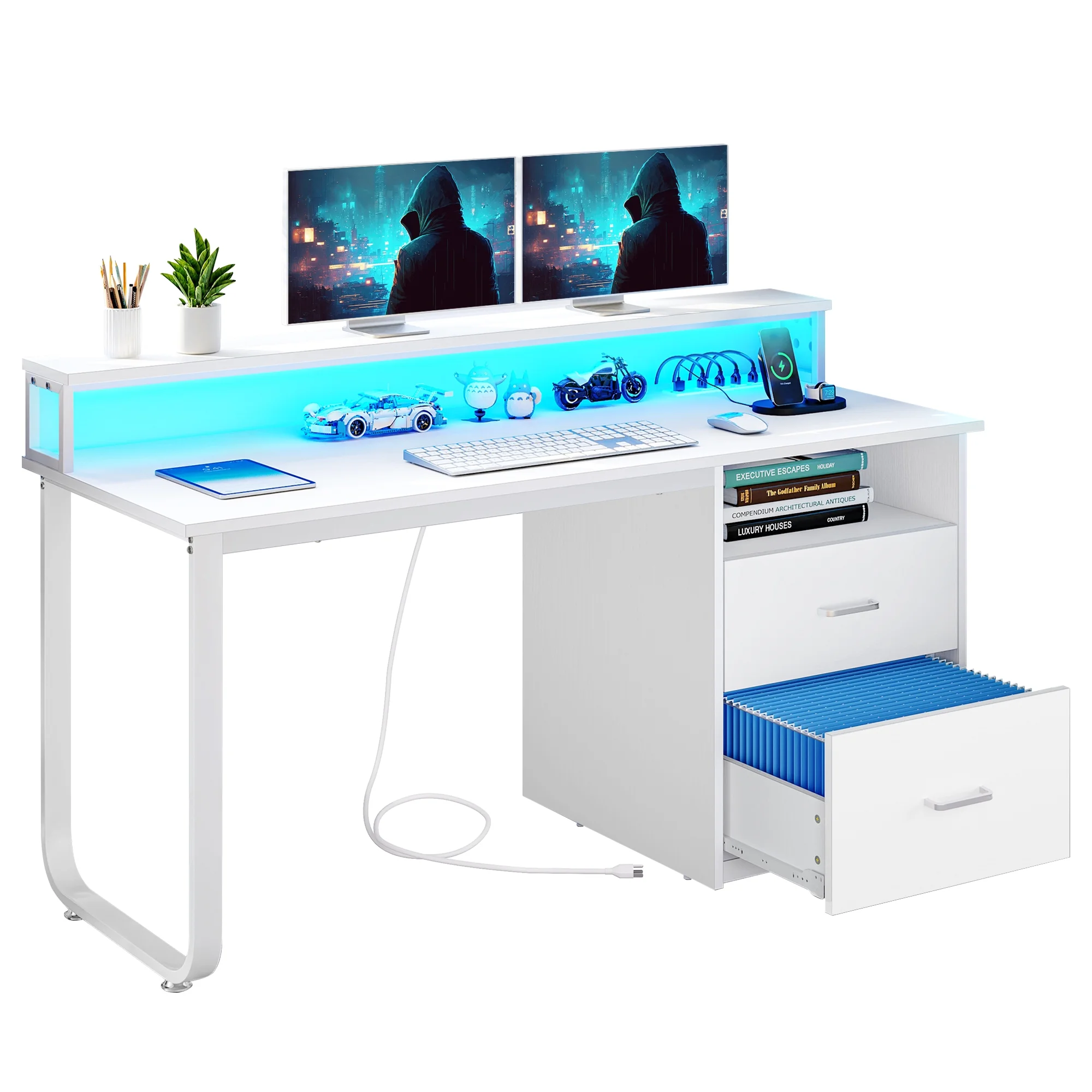 Dextrus 47 inch Computer Desk with Storage Drawers & LED Light, Office Desk with Monitor Stand & Power Outlets, Work Study PC Desk for Small Spaces, Home Office, Oak