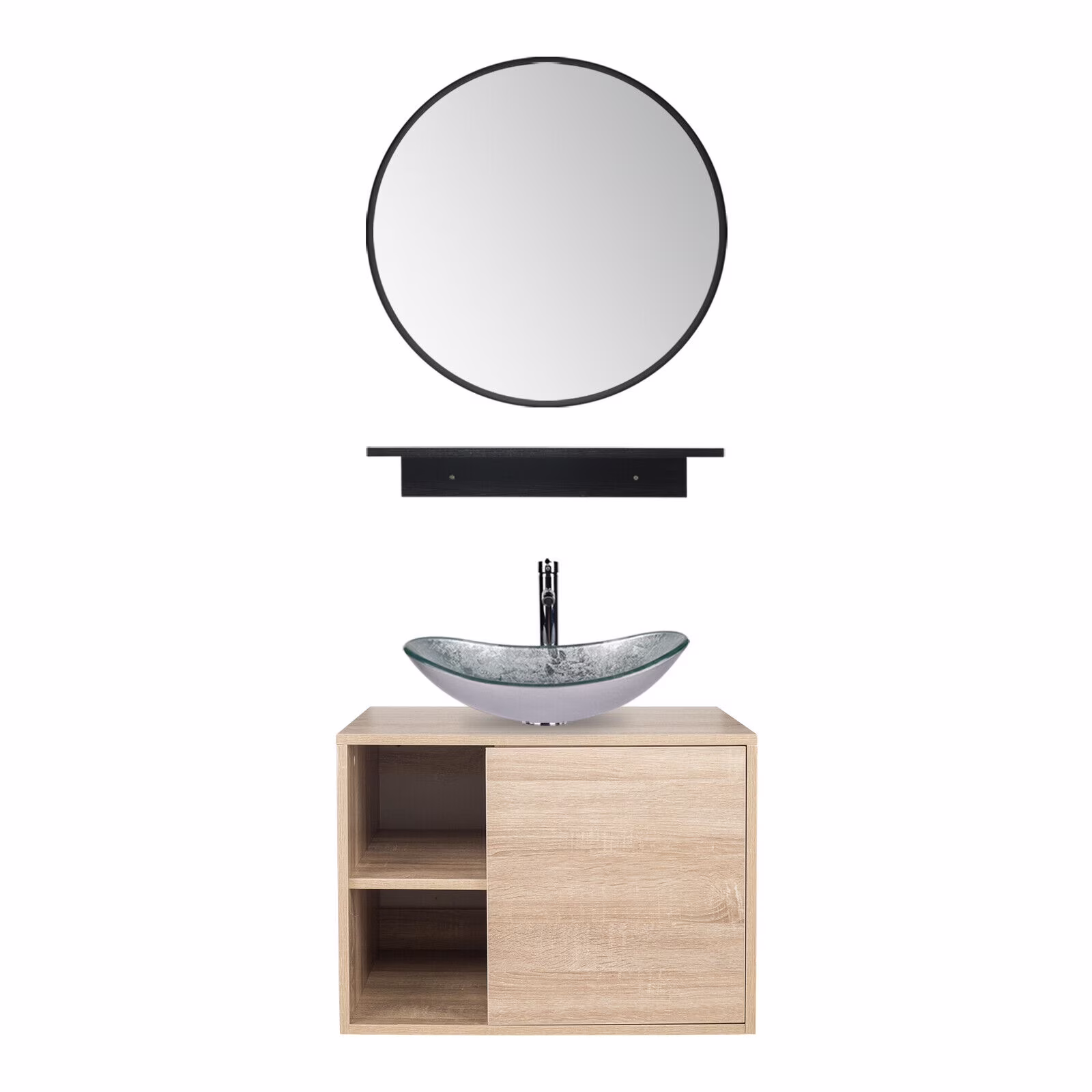 PULUOMIS Wall Mounted Bathroom Vanity Set with Mirror Storage Shelf, PVC Sheet Natural Cabinet with Black Side Panels (Cabinet + Sink)