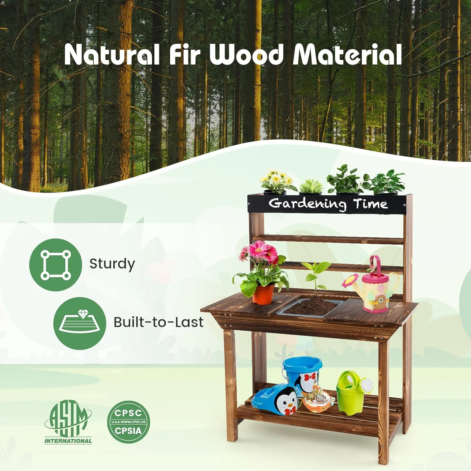 DORTALA Kids Potting Bench, Fir Wood Outdoor Mud Table with Removable Sink, 4 Pots, Chalkboard, Storage Shelves, Garden Kid Kitchen Playset, Mud Kitchen for Kids Outdoor
