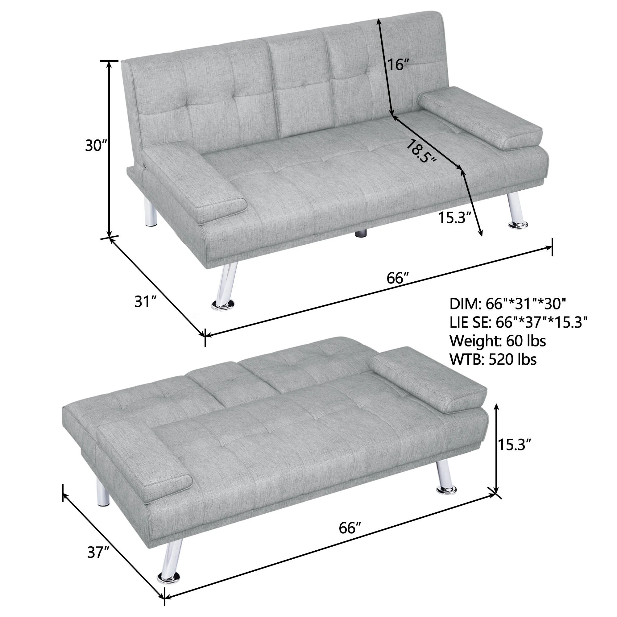 BEABA Futon Sofa Bed Modern PU Faux Convertible Couches with Cup Holder and Pillows Folding Furniture Upholstery