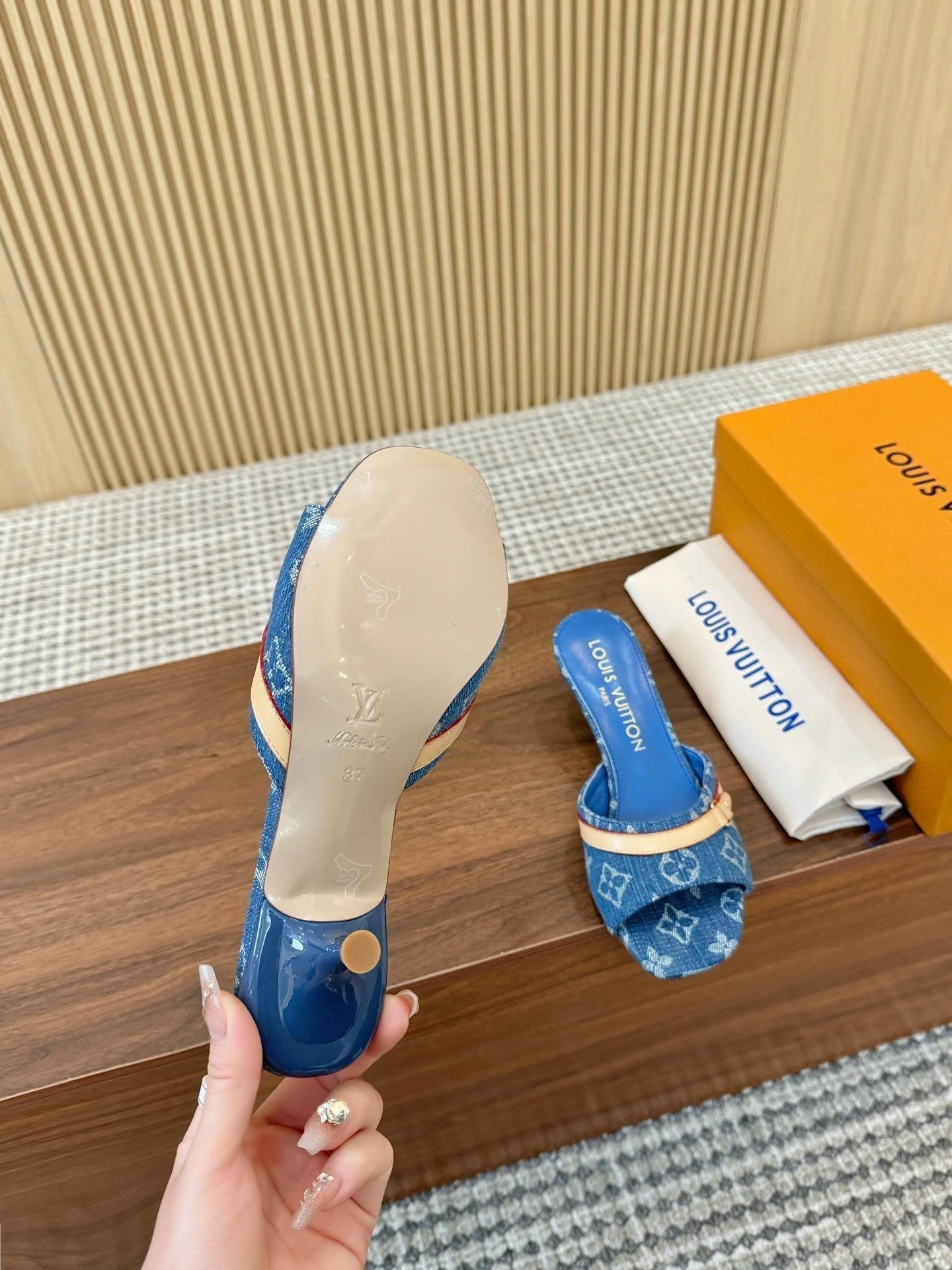 Denim Monogram Mule Heels with Contrast Strap