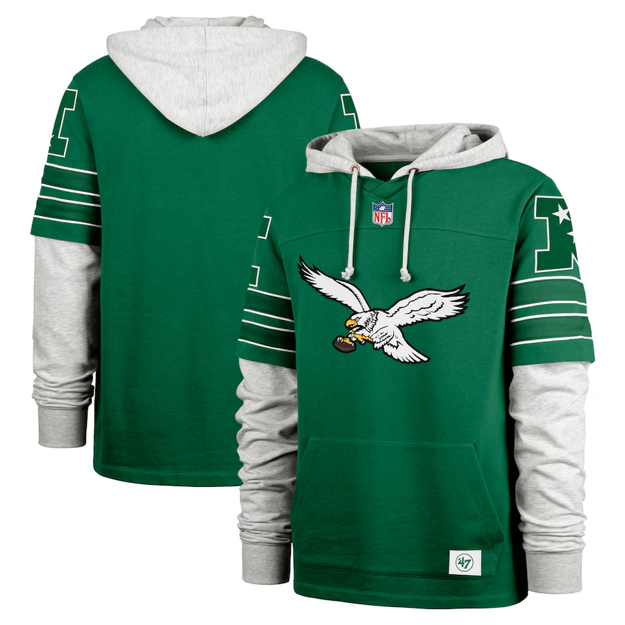 Men's '47 Kelly Green Philadelphia Eagles Double Header Blitz Cornerback Pullover Hoodie