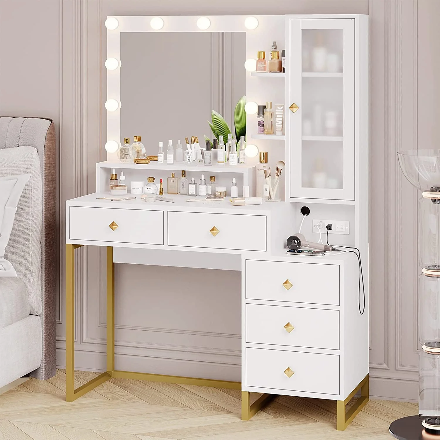 Vanity Desk with LED Lighted Mirror, Makeup Desk with 5 Storage Drawers & 6 Shelves, Vanity Table with Charging Station, Modern Dressing Table with 3 Color Lighting Options, White