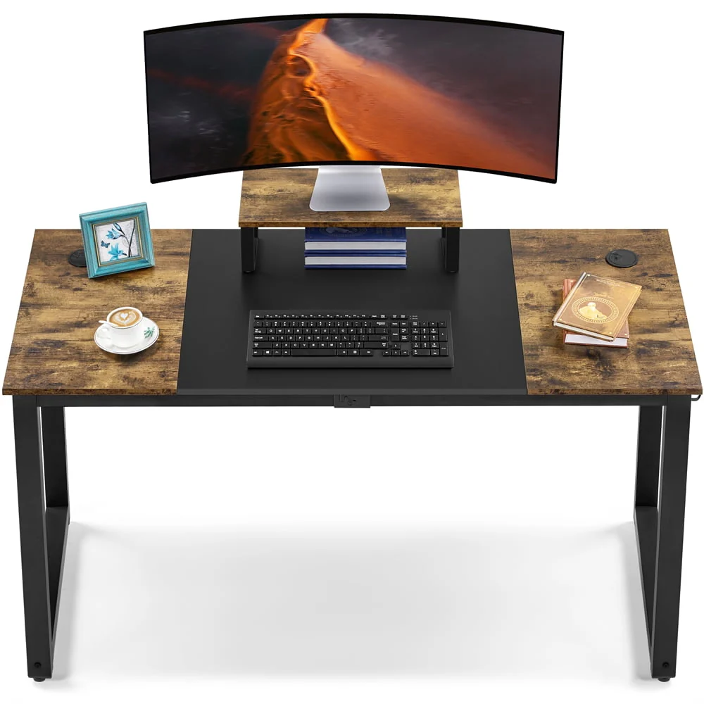 Easyfashion Industrial Computer Desk with Monitor Stand, Rustic Brown/Black