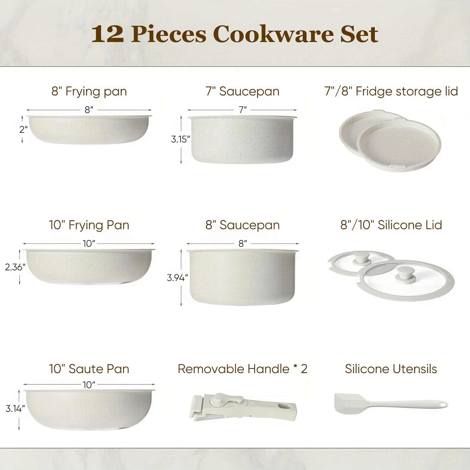 12pc White Granite Nonstick Cookware Set - Induction Compatible Pots/Pans with Removable Handles, Easy-Clean Kitchen Essentials