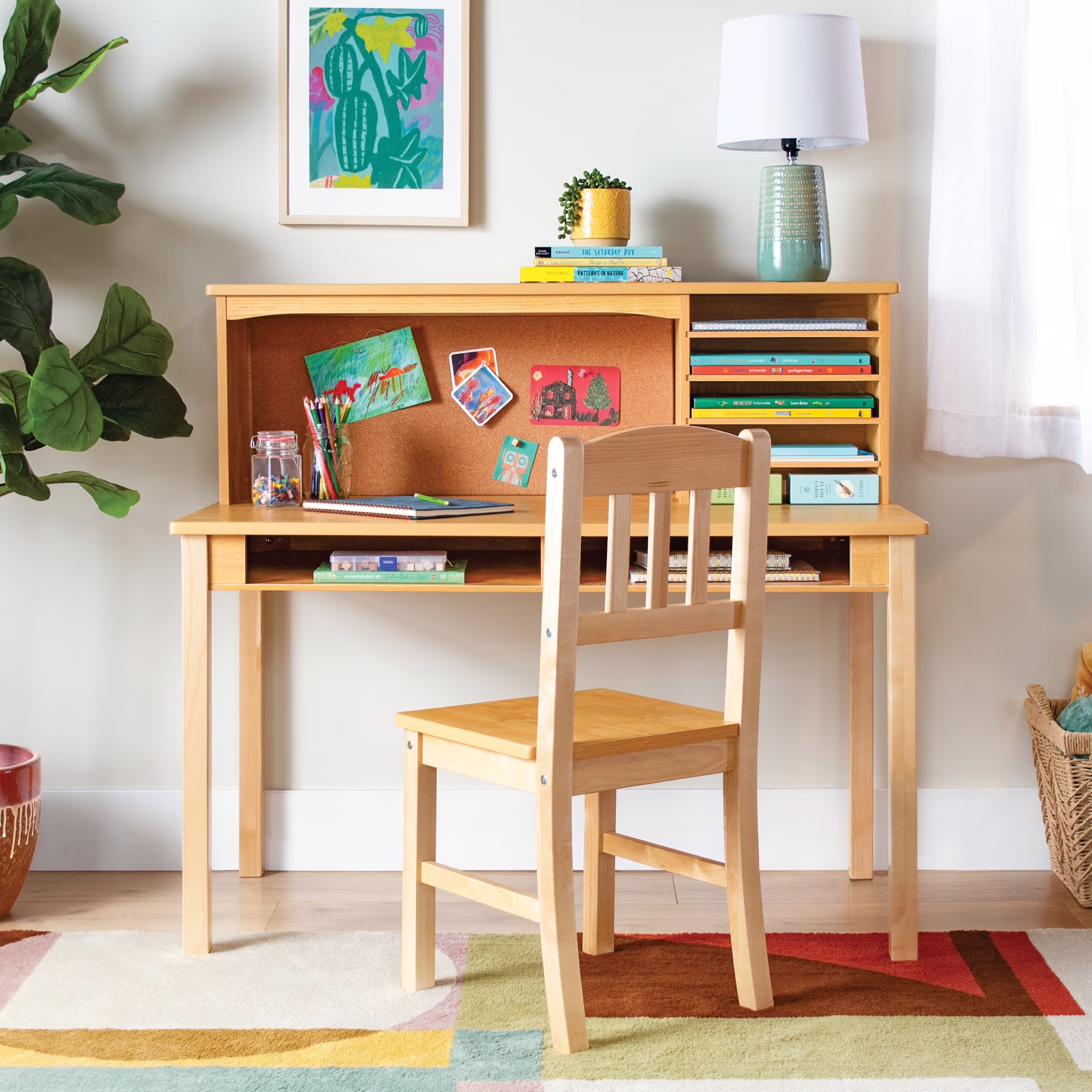 Guidecraft Kids Media Desk and Chair Set - Gray: Kids Desk and Chair Set, Study Table for Kids with Hutch and Shelf, Wood Bedroom Furniture Set